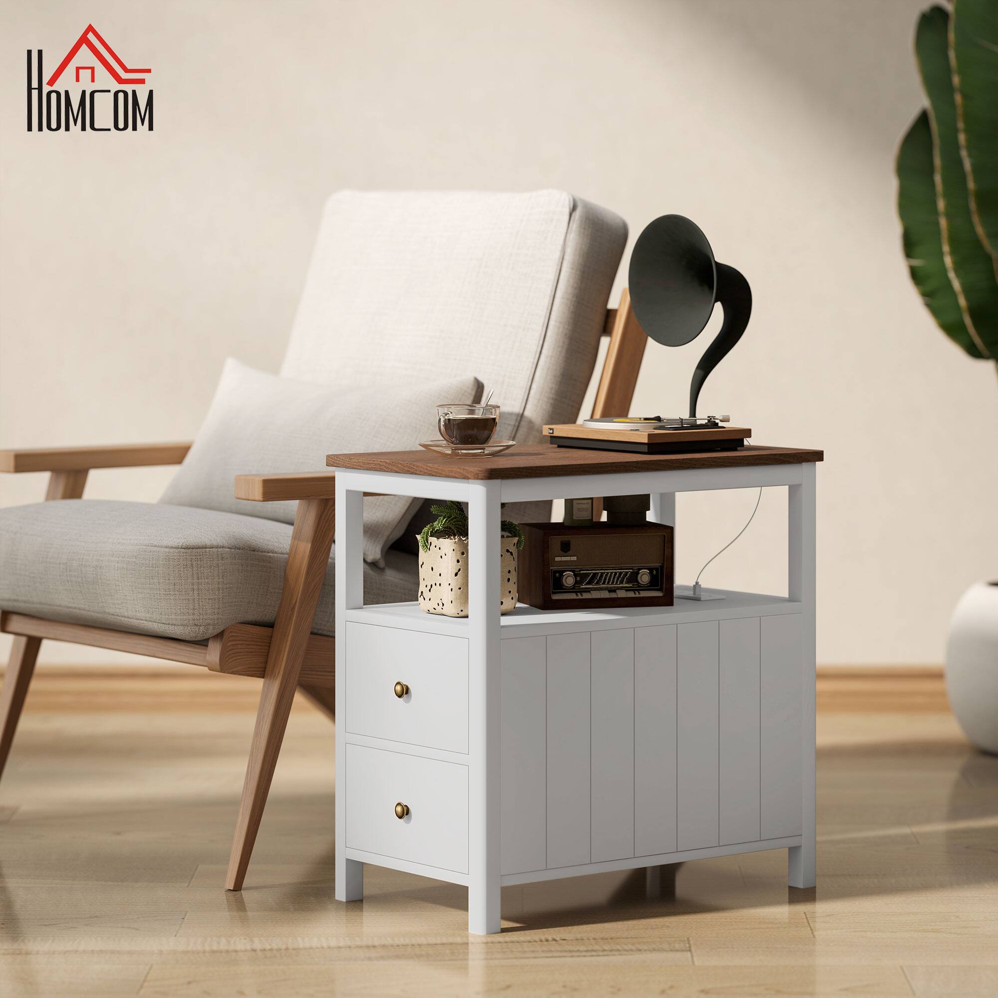 Angle. Homcom - Modern End Table with Charging Station and USB Ports, Narrow Side Table with Drawers & Shelf for Living Room - White.