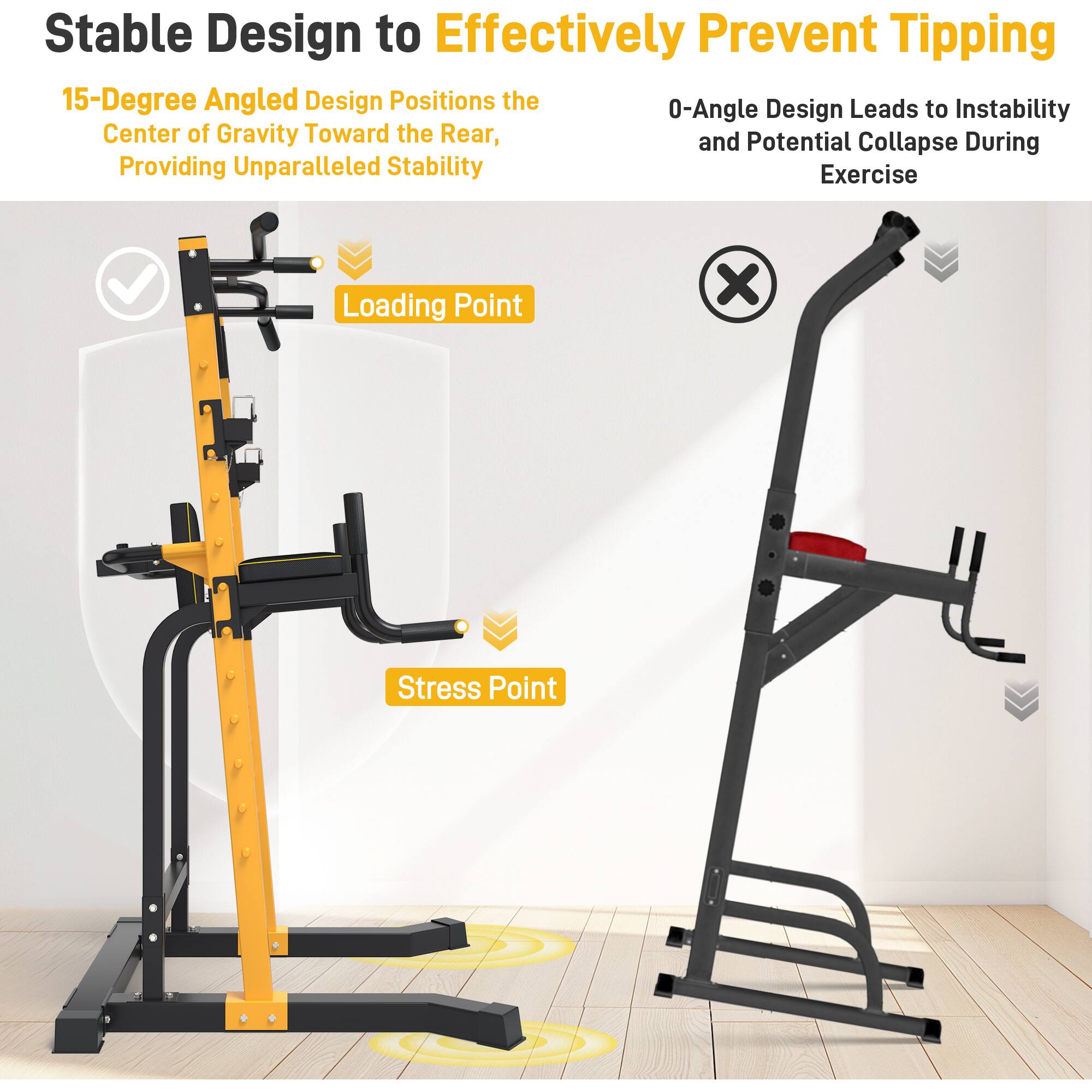Stable Design to Effectively Prevent Tipping

15-Degree Angled Design Positions the Center of Gravity Toward the Rear, Providing Unparalleled Stability

0-Angle Design Leads to Instability and Potential Collapse During Exercise

Loading Point

Stress Point