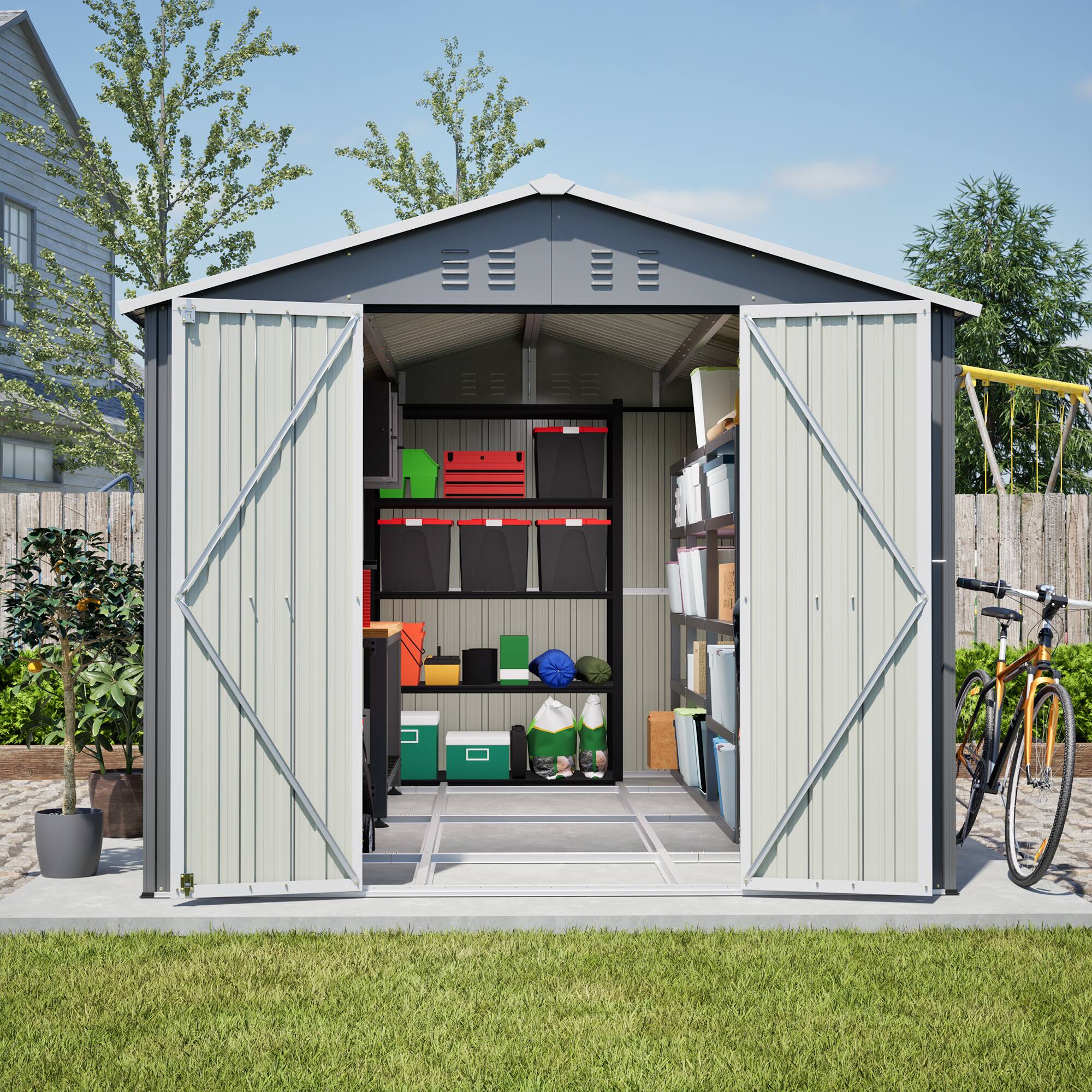 Back. Lirago - 8x12 FT Outdoor Storage Shed All-Weather Metal Shed with Lockable Doors - Gray.