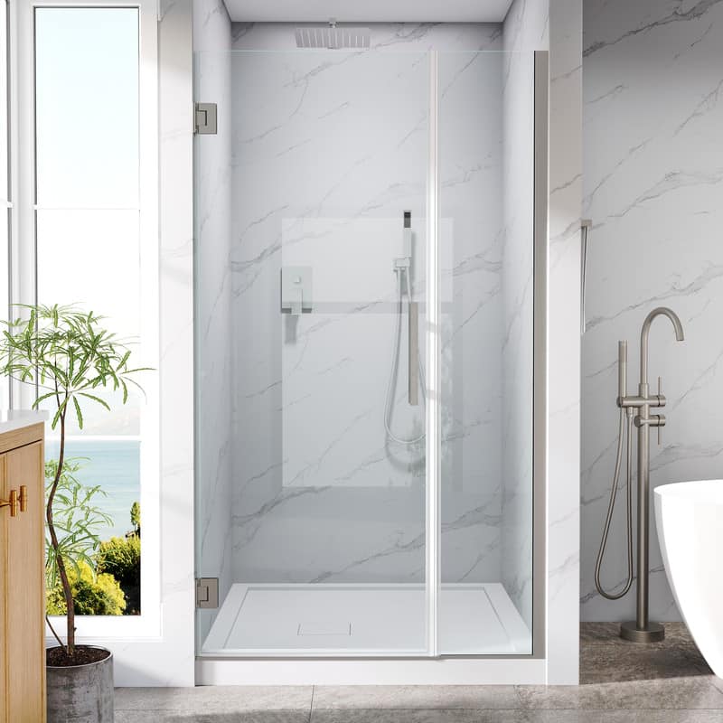 "WELLFOR - 41–42 in. W x 72 in. H Frameless Hinged Shower Door with 3/8"" Clear Tempered Glass, Reversible Opening - Brushed Nickel" price history on PriceWatchPro