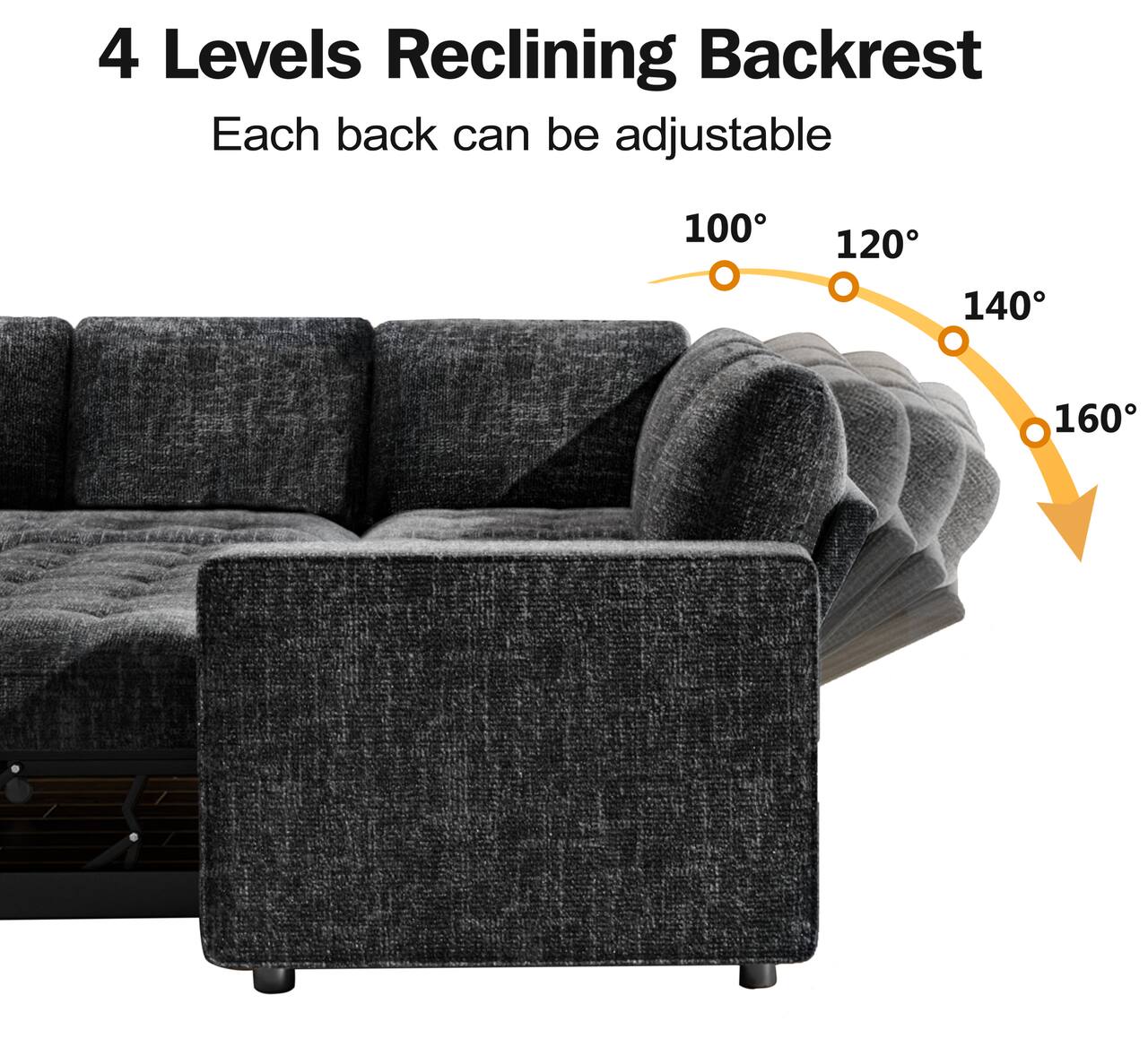 4 Levels Reclining Backrest  
Each back can be adjustable  
100° 120° 140° 160°