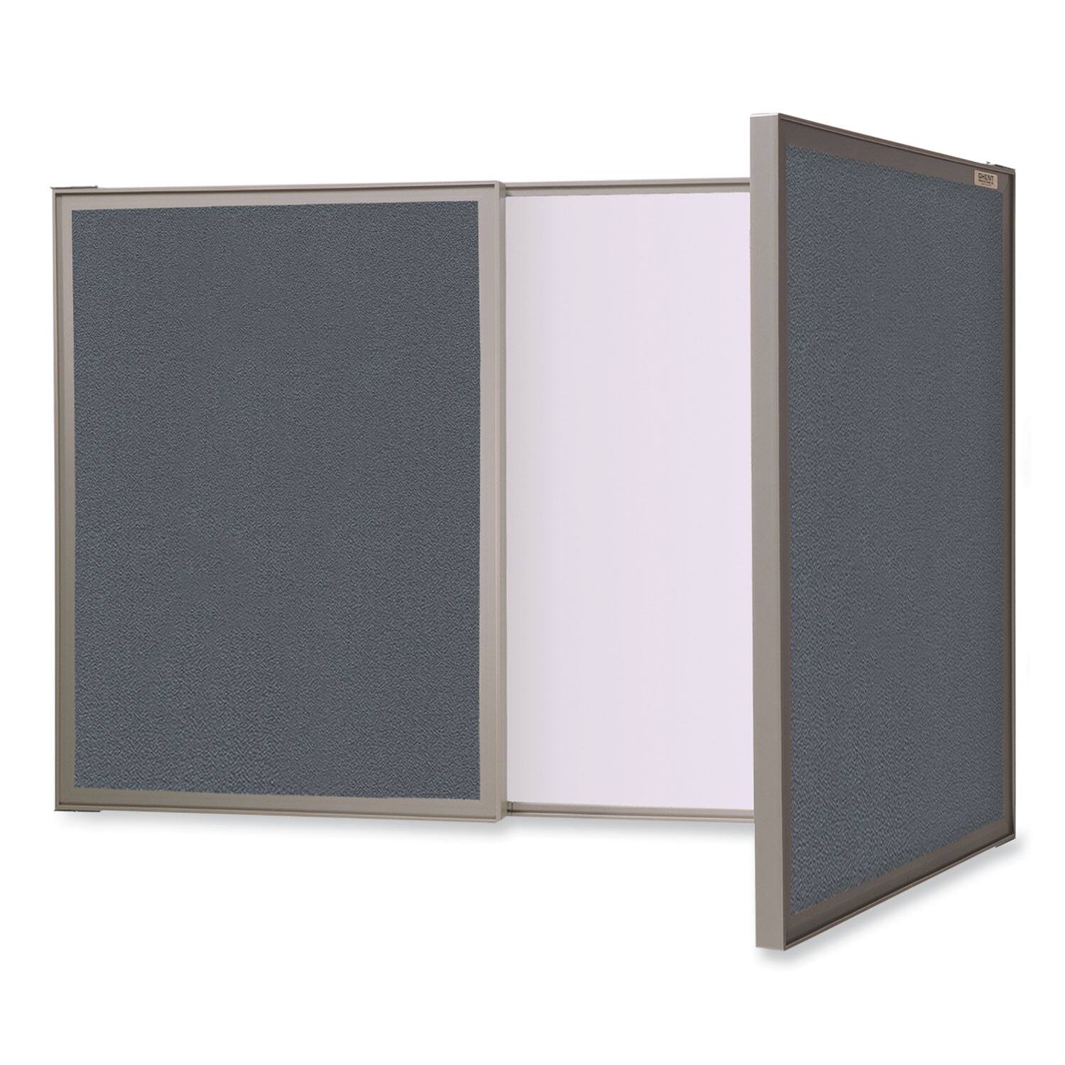 Front. Ghent - VisuALL PC Whiteboard Cabinet with Fabric Bulletin Board Exterior Doors, 36" x 24", Satin Aluminum Frame.