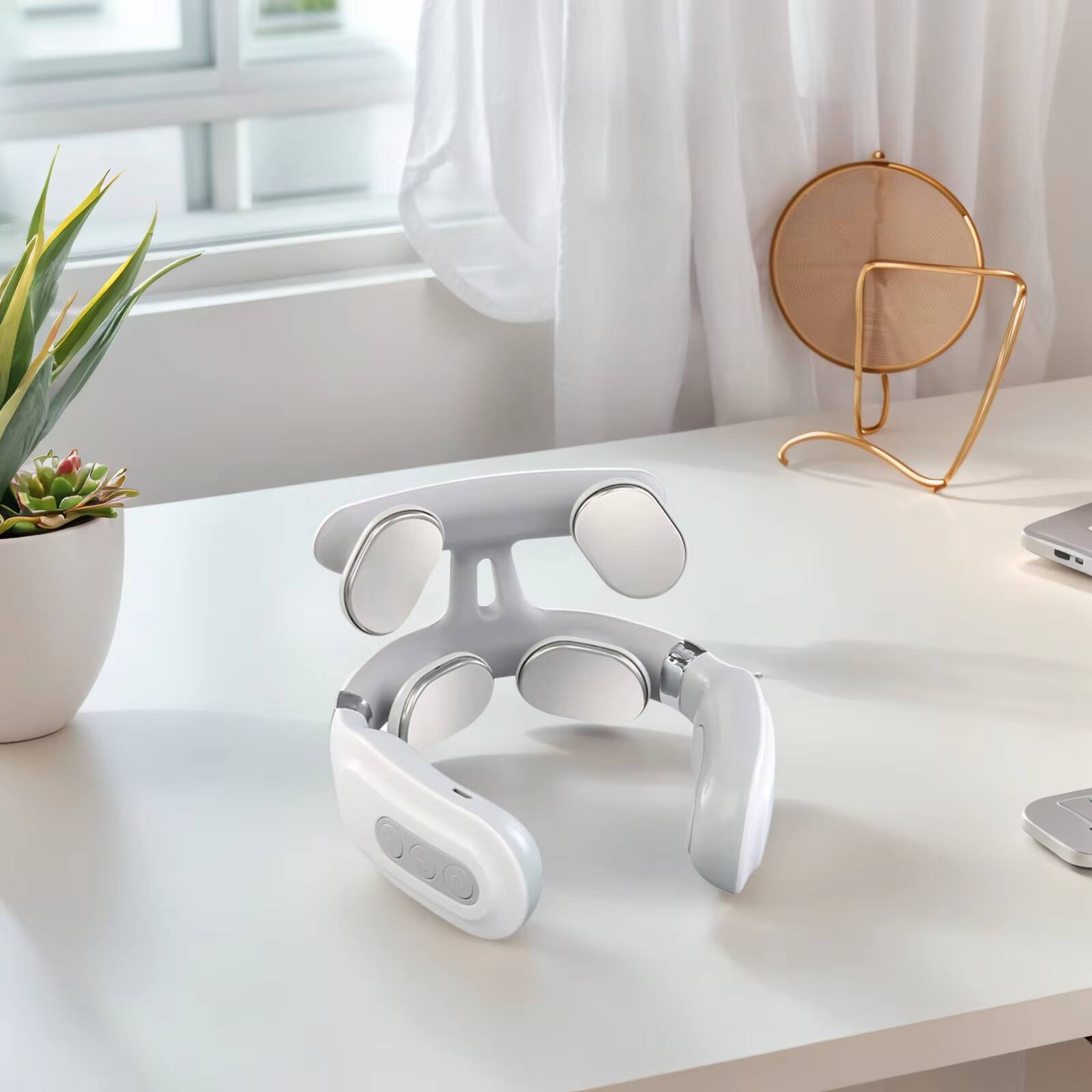 Angle. Cubilan - 4-Head Electric Neck Massager with Heat USB Rechargeable Portable Relaxation Device - White.