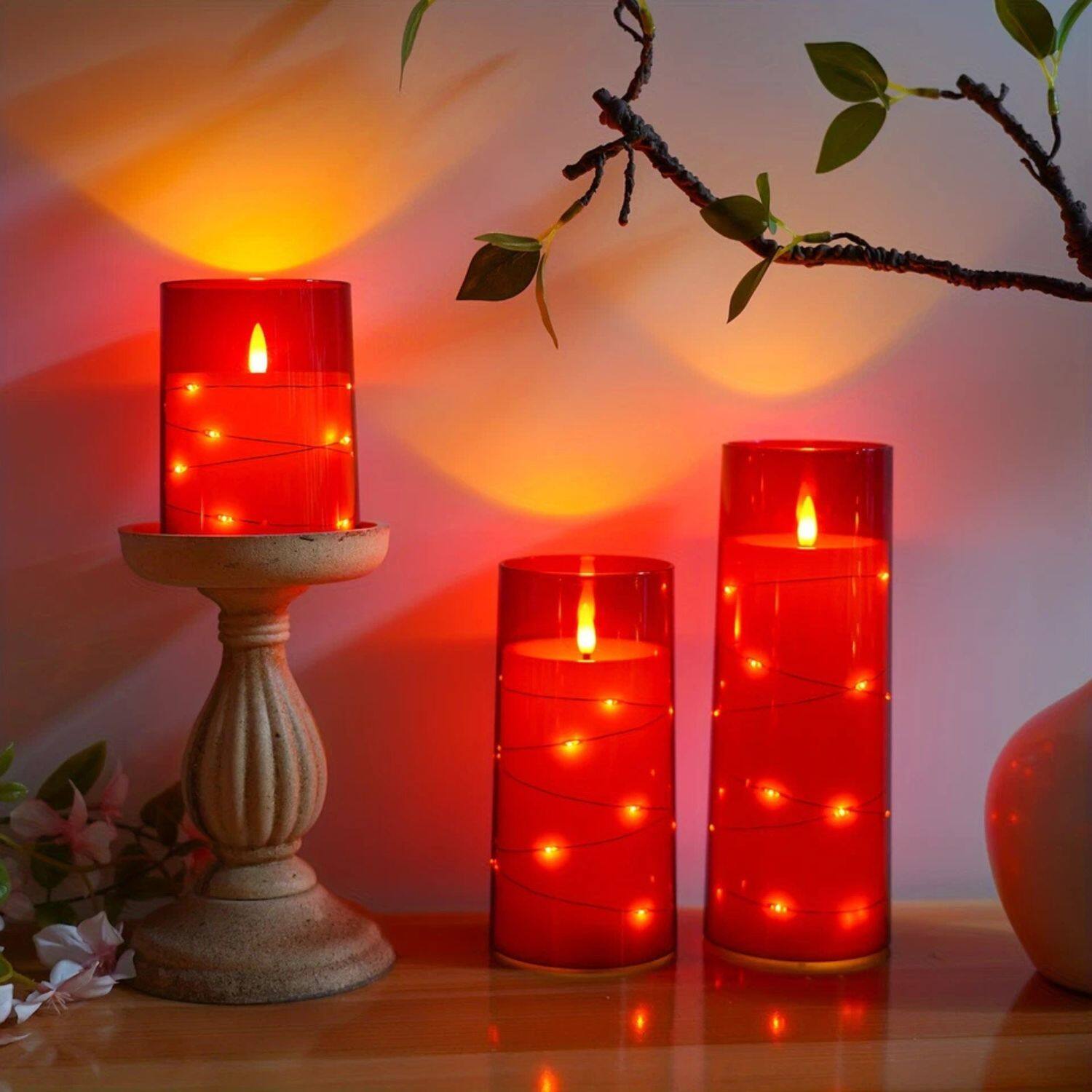 Angle. Stock Preferred - 5-Piece LED Flameless Candles with Remote Timer – Battery Operated Holiday Decor Set.