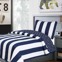 Hivvago - Twin 2 Piece Stars Stripes 100-Percent Cotton Reversible Quilt Set - Navy White
