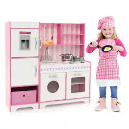 Gymax - Kids Kitchen Playset Wooden Toy with Adjustable LED Lights & Washing Machine - White + Pink
