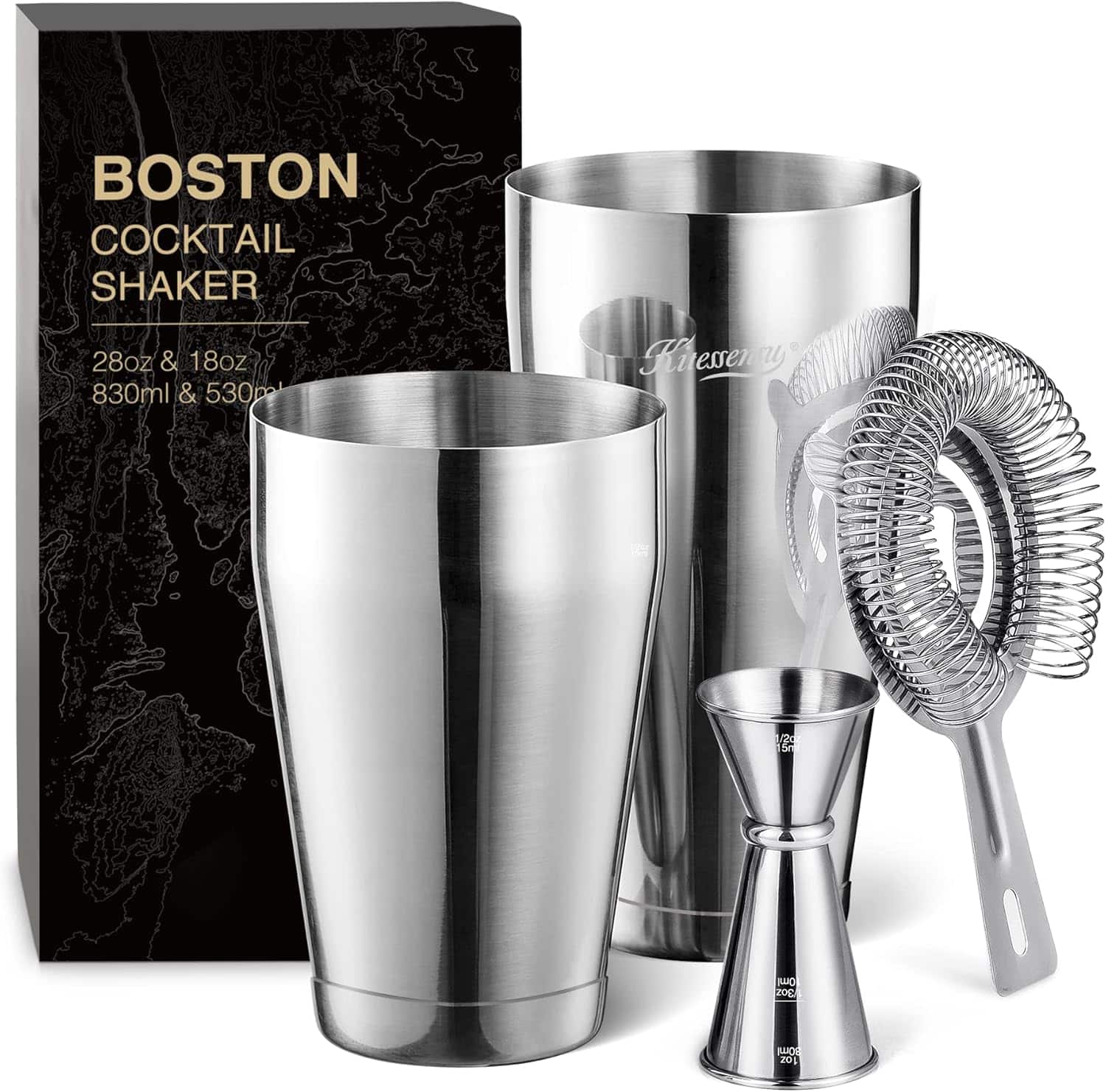 KITESSENSU - Boston Cocktail Shaker Set 18oz & 28oz Boston tin, Hawthorne Strainer, Jigger, Cocktail Recipe Cards Included - sliver
