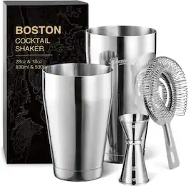 KITESSENSU - Boston Cocktail Shaker Set 18oz & 28oz Boston tin, Hawthorne Strainer, Jigger, Cocktail Recipe Cards Included - sliver