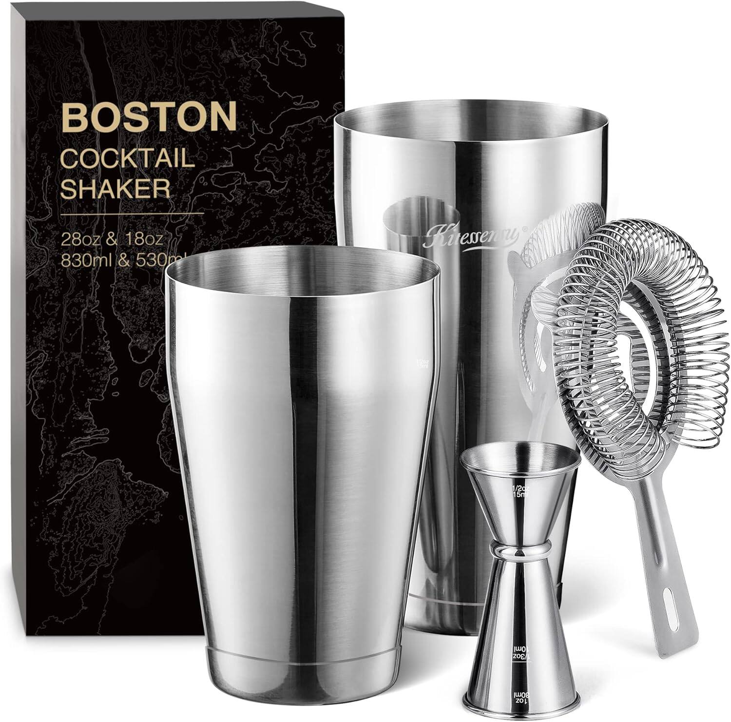 KITESSENSU - Boston Cocktail Shaker Set 18oz & 28oz Boston tin, Hawthorne Strainer, Jigger, Cocktail Recipe Cards Included - sliver