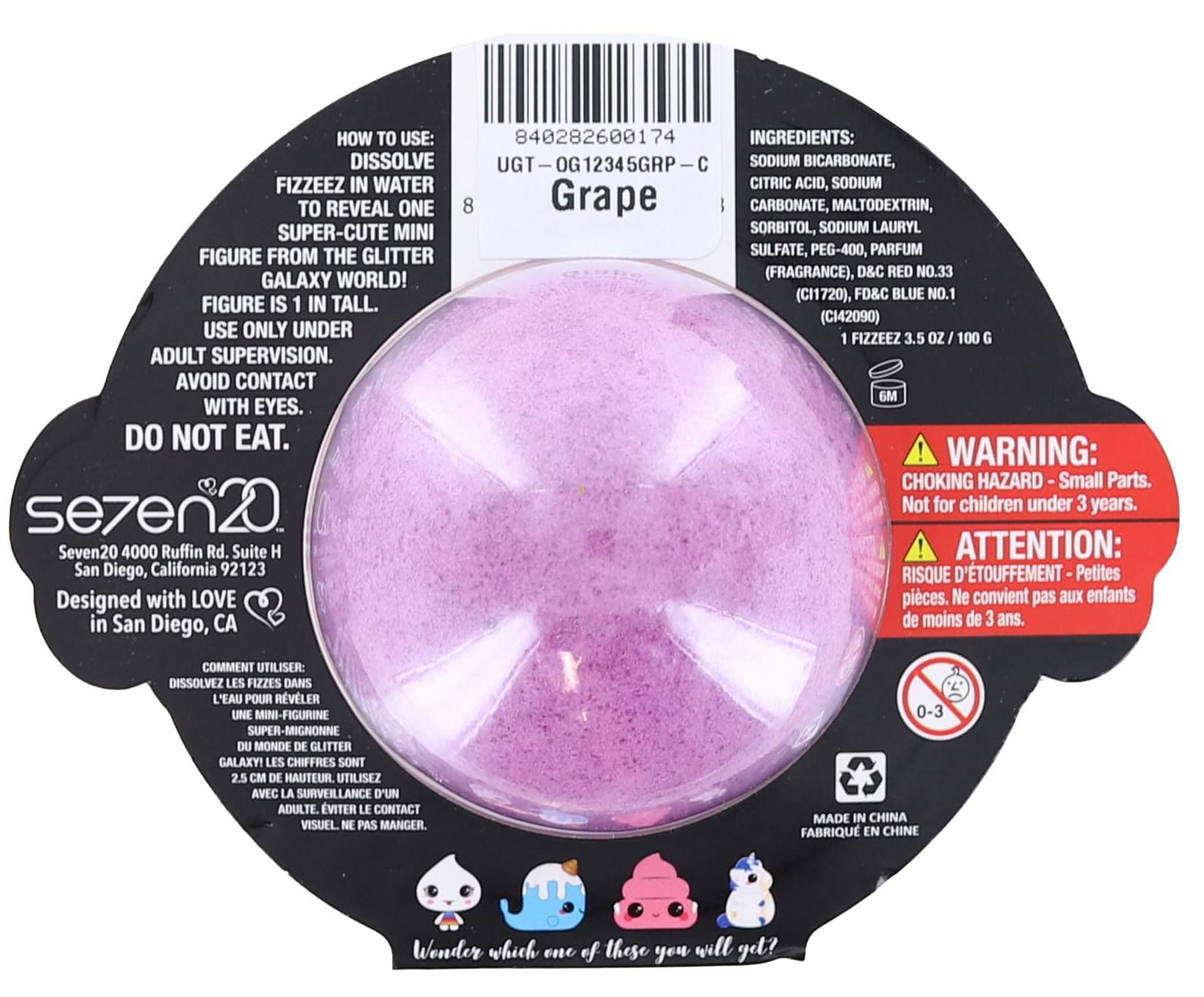 **HOW TO USE:**  
DISSOLVE FIZZEEZ IN WATER TO REVEAL ONE SUPER-CUTE MINI FIGURE FROM THE GLITTER GALAXY WORLD! FIGURE IS 1 IN TALL. USE ONLY UNDER ADULT SUPERVISION. AVOID CONTACT WITH EYES. DO NOT EAT.  

**INGREDIENTS:**  
SODIUM BICARBONATE, CITRIC ACID, SODIUM CARBONATE, MALTODEXTRIN, SORBITOL, SODIUM LAURYL SULFATE, PEG-400, PARFUM (FRAGRANCE), D&C RED NO.33 (CI17200), FD&C BLUE NO.1 (CI42090)  

**WARNING:**  
CHOKING HAZARD - Small Parts. Not for children under 3 years.  

**ATTENTION:**  
RISQUE D'ÉTOUFFEMENT - Petites pièces. Ne convient pas aux enfants de moins de 3 ans.  

**sezen20**  
Seven20 4000 Ruffin Rd. Suite H  
San Diego, California 92123