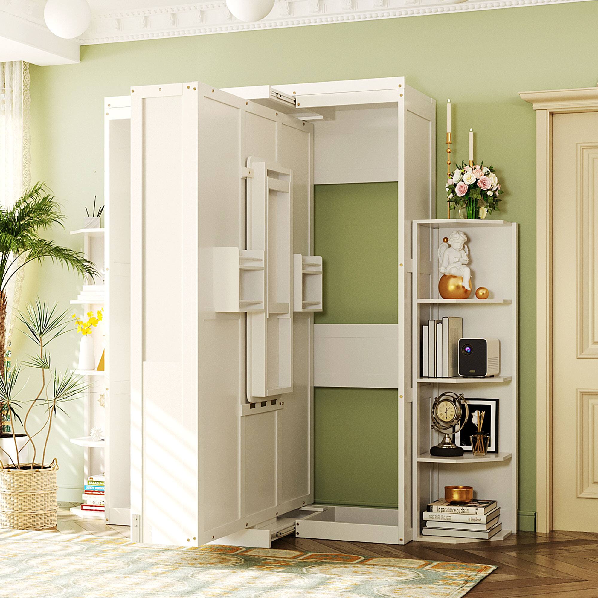 Back. Anysun - Rotating Queen Murphy Bed - Hidden Wall Cabinet, 3-Tier Shelves, Convertible Desk, Space-Saving System for Home Office - White.