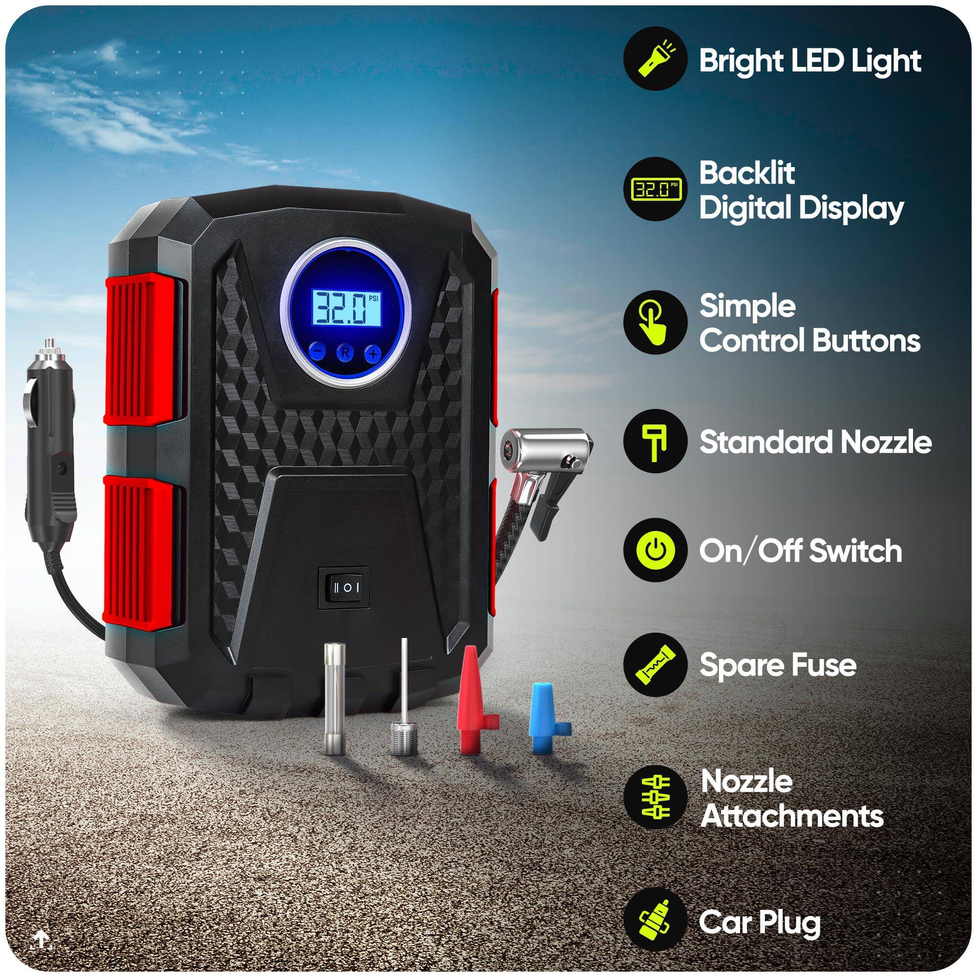 - Bright LED Light
- Backlit Digital Display
- Simple Control Buttons
- Standard Nozzle
- On/Off Switch
- Spare Fuse
- Nozzle Attachments
- Car Plug