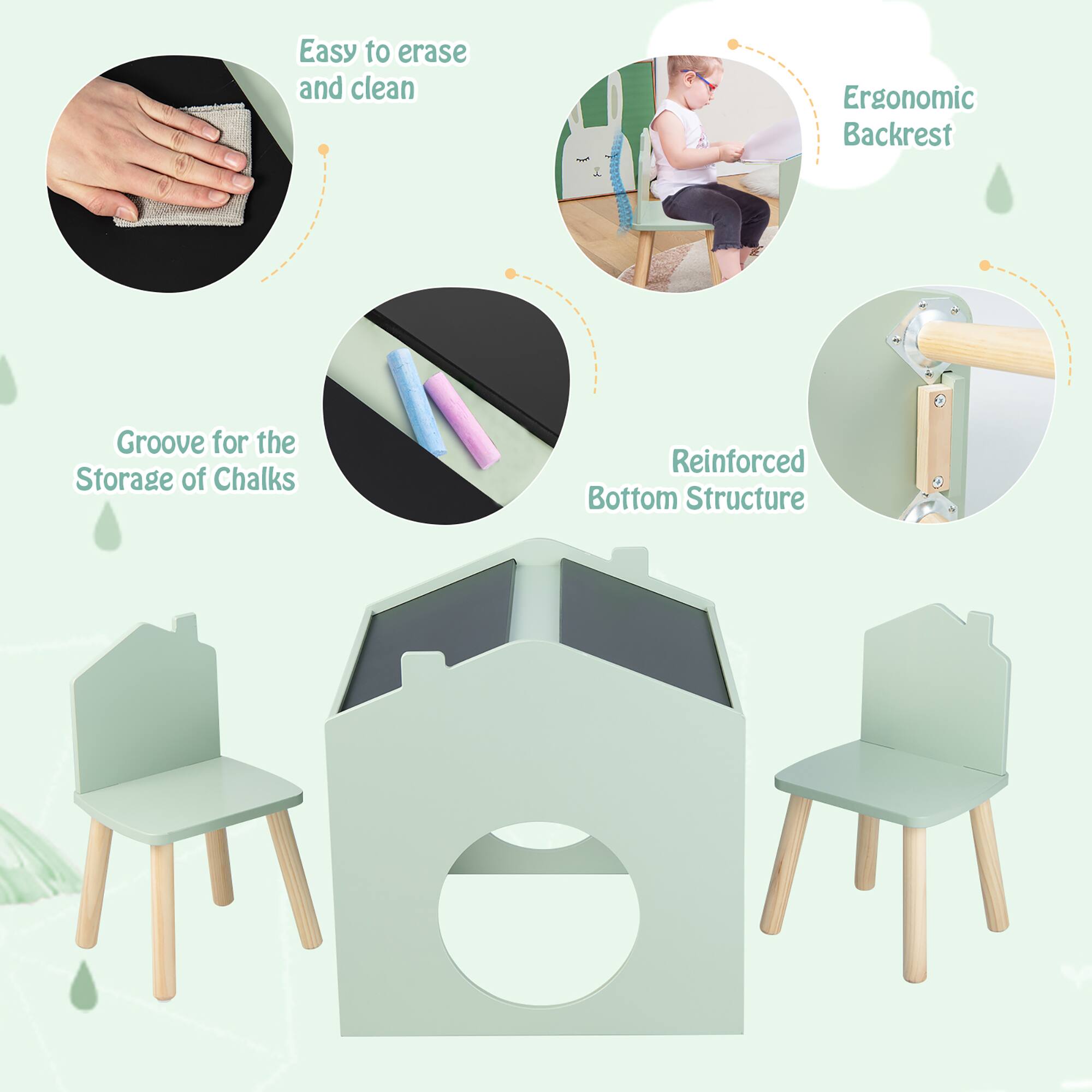 Easy to erase and clean  
Ergonomic Backrest  
Groove for the Storage of Chalks  
Reinforced Bottom Structure