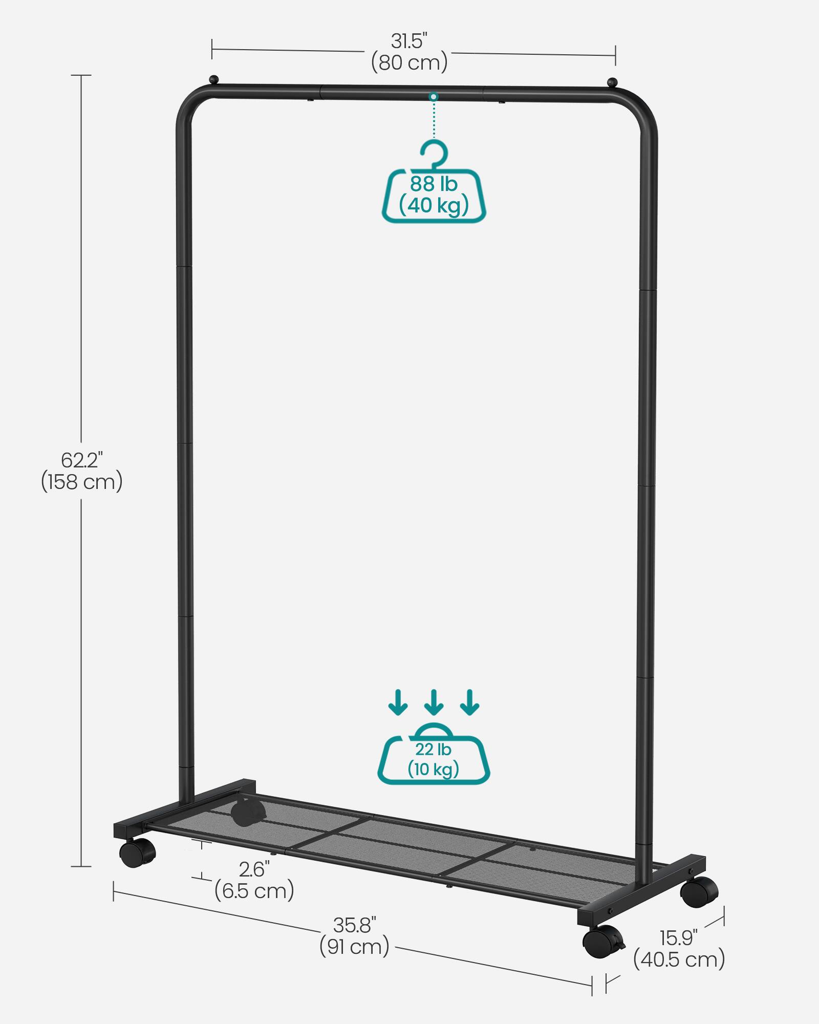 31.5" (80 cm)  
88 lb (40 kg)  
62.2" (158 cm)  
22 lb (10 kg)  
2.6" (6.5 cm)  
35.8" (91 cm)  
15.9" (40.5 cm)