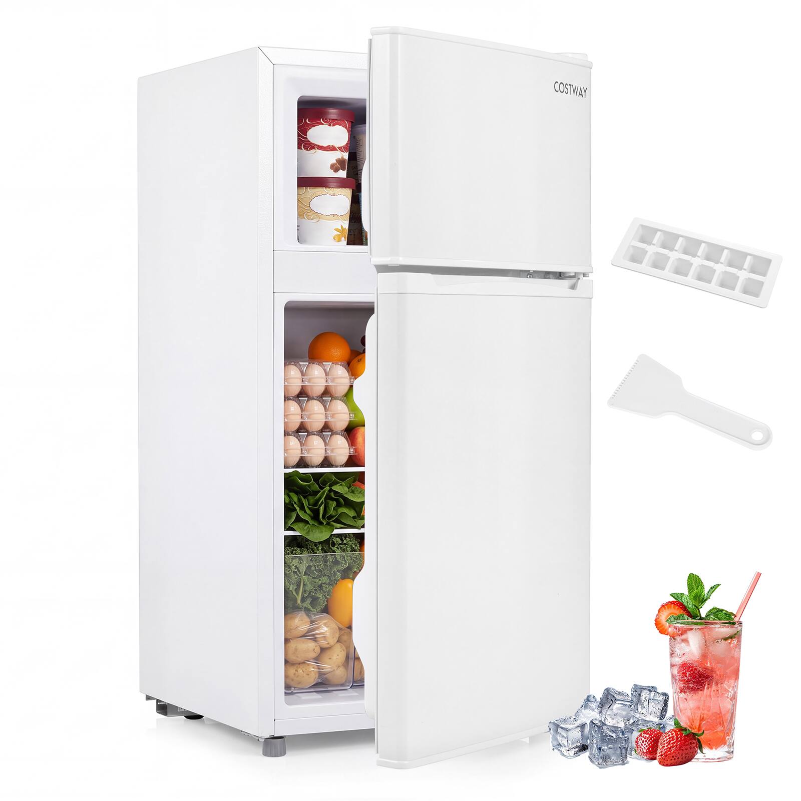 Costway - 3.5 Cu.Ft Mini Fridge with Freezer 2-Door Refrigerator 7-Level Thermostat for Dorm - White