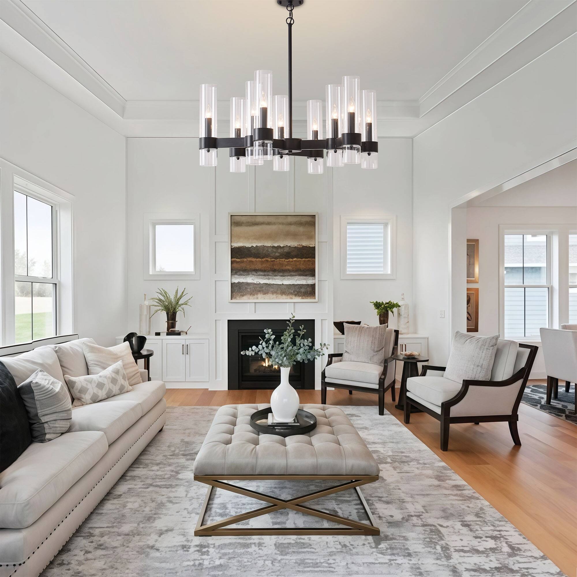 Angle. RYHNUYNE - 9-Light Black Farmhouse Chandelier With Clear Cylinder Glass Shades, Modern Farmhouse Pendant Light For Dining Room - balck.