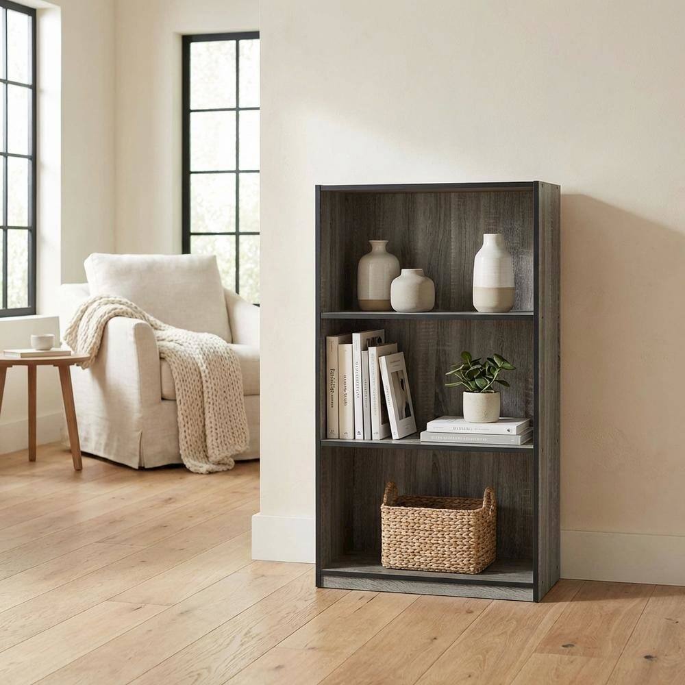 Left. FurniFact - Grey 3-Tier Bookcase with Wood Shelves for Organized Storage - French Oak Grey/Black.