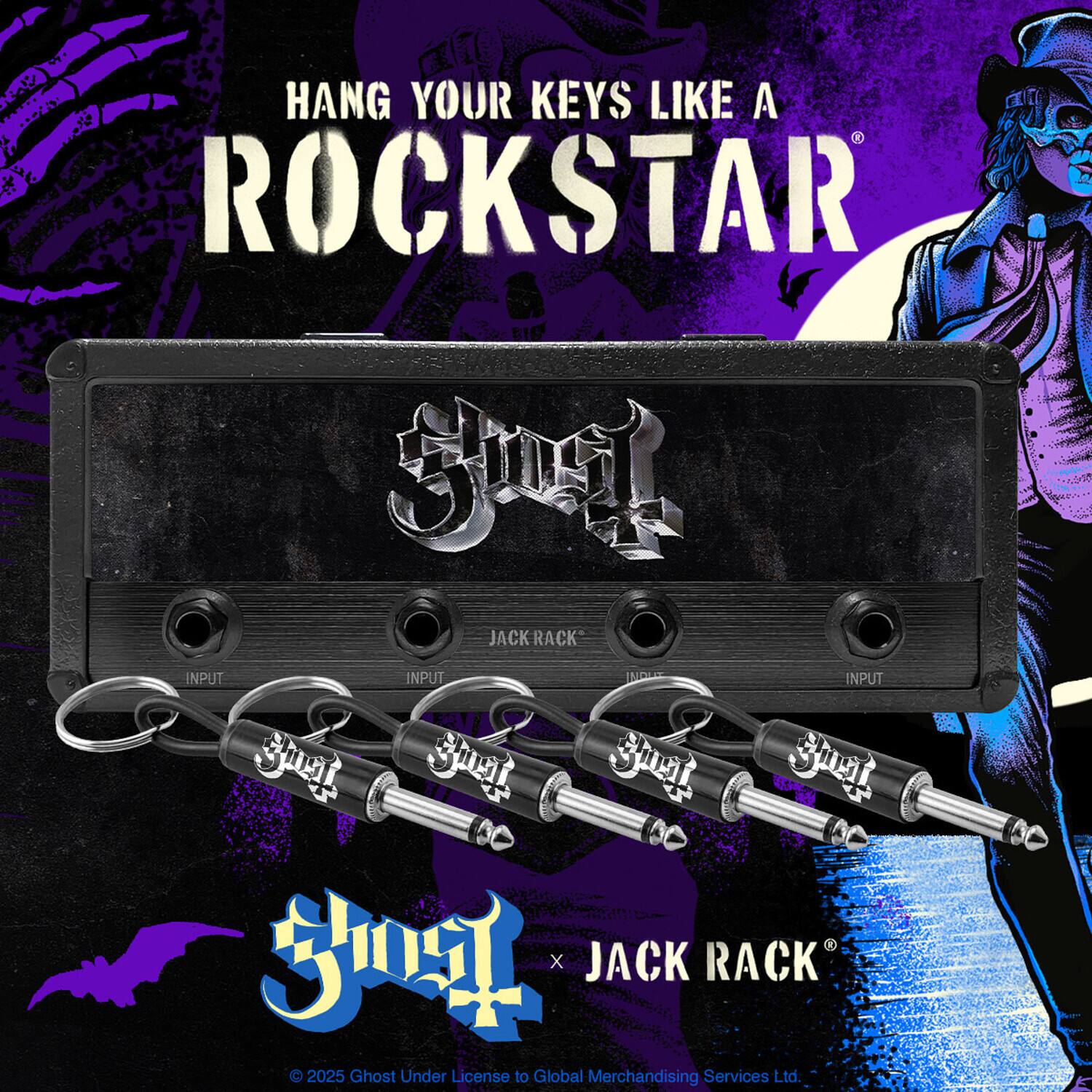 HANG YOUR KEYS LIKE A ROCKSTAR

JACK RACK

INPUT INPUT INPUT INPUT KIII MAY! Bilg! KEEP X JACK RACK 2025 Ghost Under License to Global Merchandising Services Ltd.

BC one
