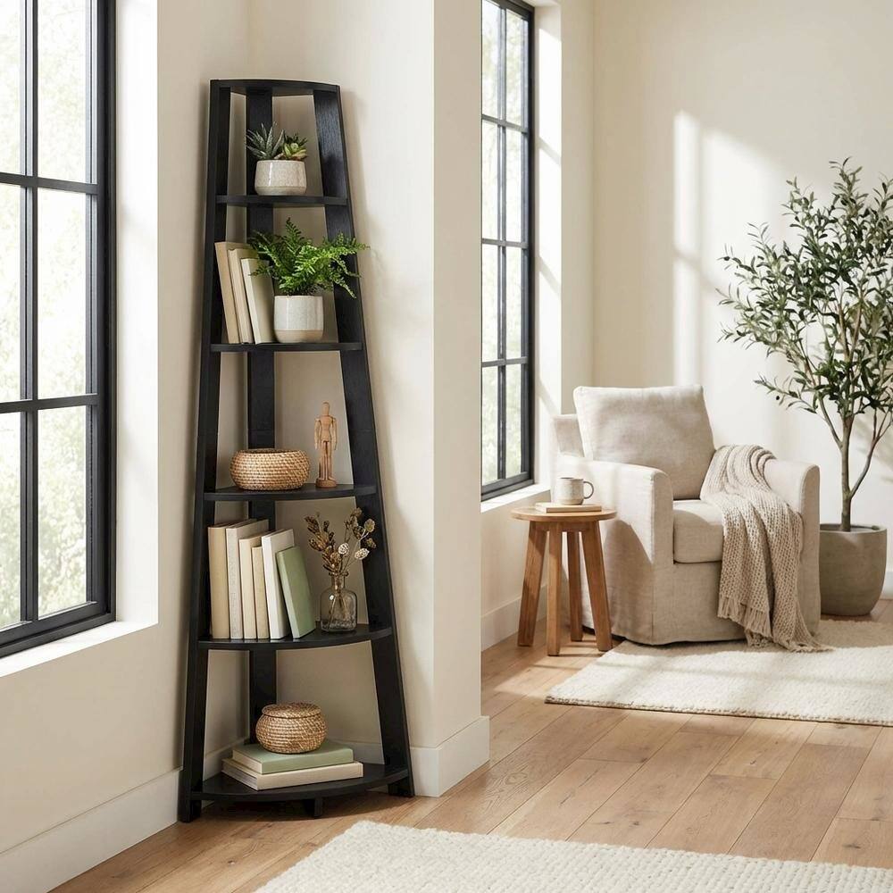 Alt View 2. FurniFact - Black 5-Tier Corner Bookcase with Modern Design and Durable MDF Construction - Black.