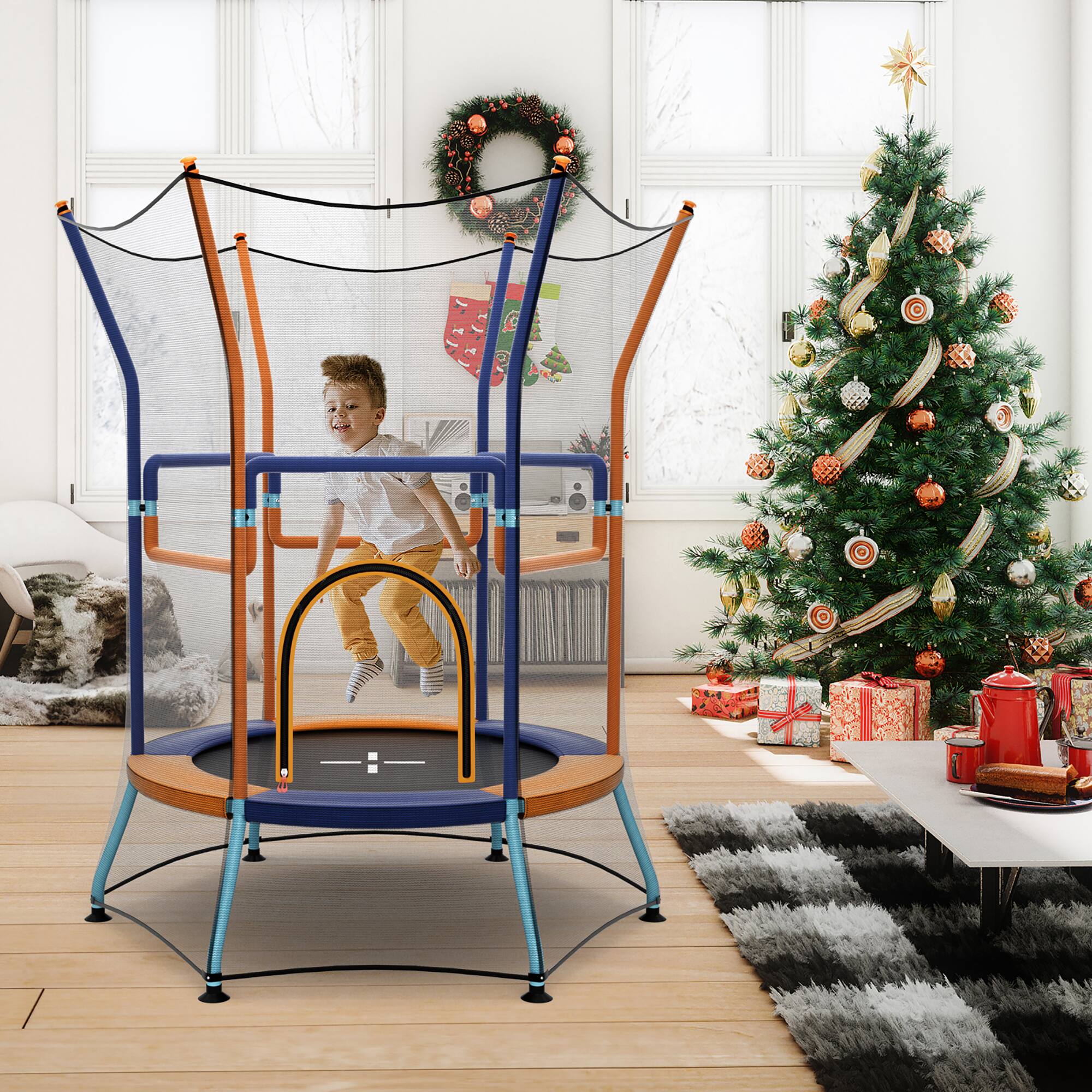 Alt View 3. Gymax - Gymax Kids Mini Trampoline w/ 59'' Higher Enclosure Net Seamless Jumping Mat Zipper Door Orange & Blue - Orange, Blue.