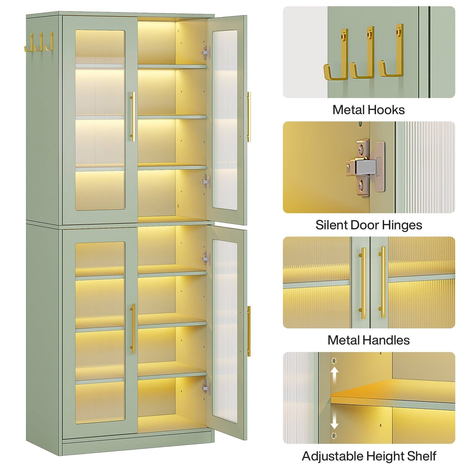 Metal Hooks  
Silent Door Hinges  
Metal Handles  
Adjustable Height Shelf