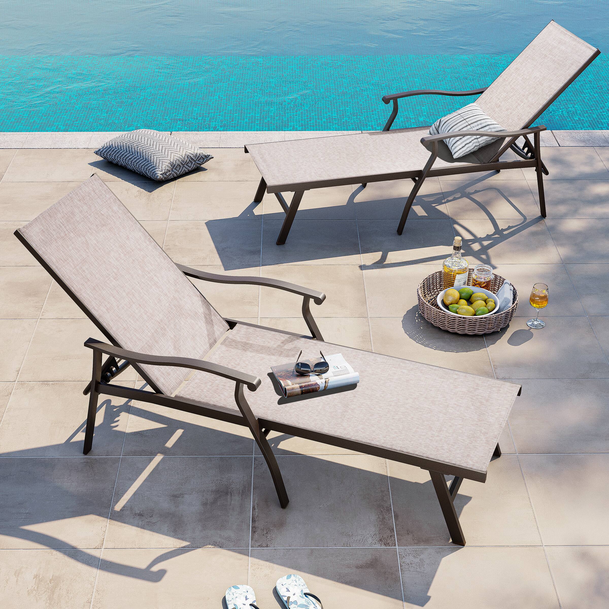 Alt View 4. Crestlive Products - Crestlive Products Set of 2 Brown Aluminum Frame Adjustbale Chaise Lounge Chair Textilene Sling Seat - Beige.