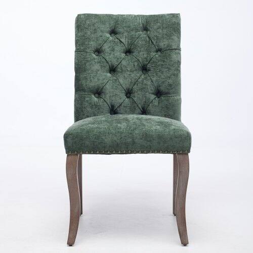 Angle. LUCKY ONE - Assembled Tufted Chenille Dining Chair Set of 2 with Curved Solid Wood Legs Club Style - Olive Green.