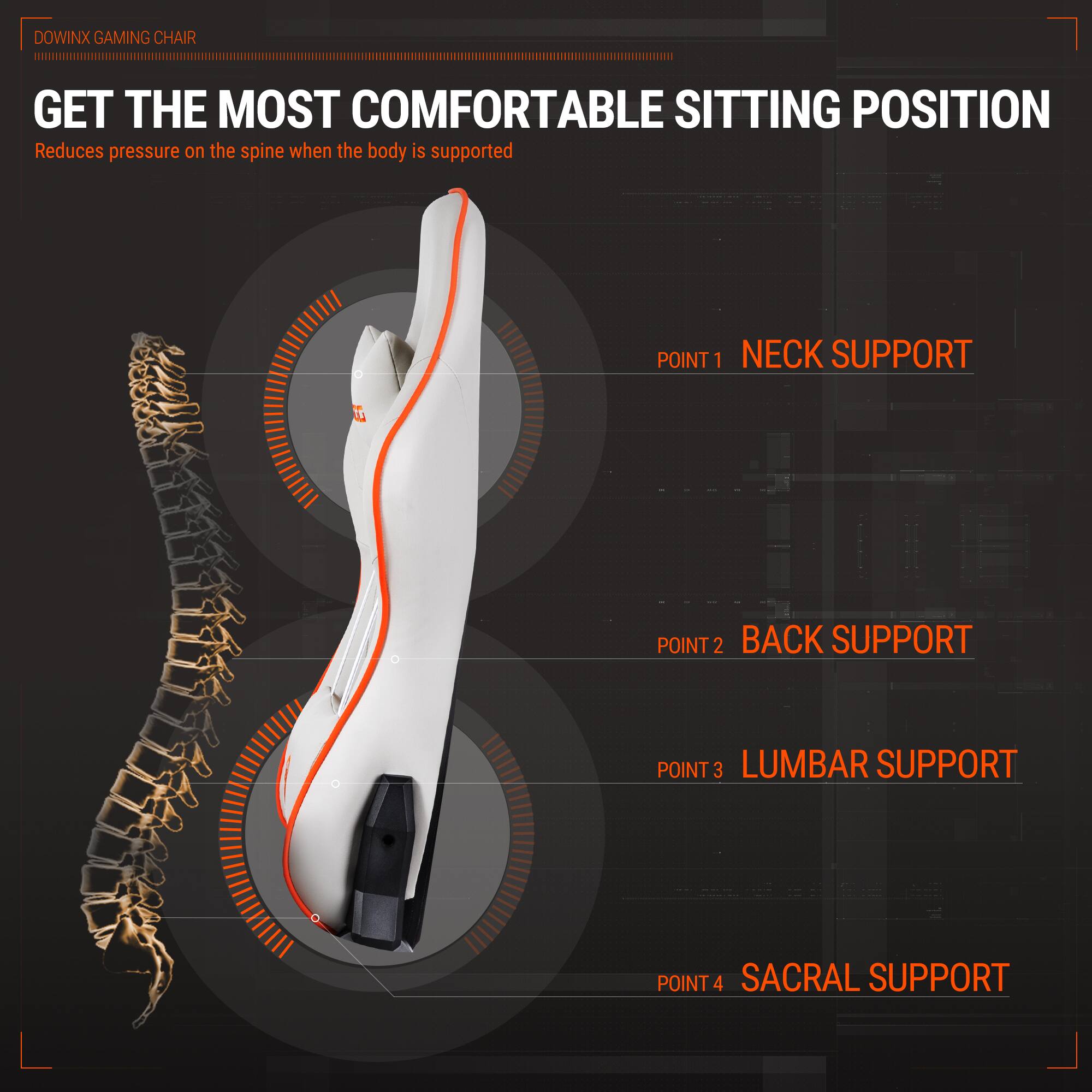 DOWINX GAMING CHAIR

GET THE MOST COMFORTABLE SITTING POSITION  
Reduces pressure on the spine when the body is supported

POINT 1 NECK SUPPORT  
POINT 2 BACK SUPPORT  
POINT 3 LUMBAR SUPPORT  
POINT 4 SACRAL SUPPORT