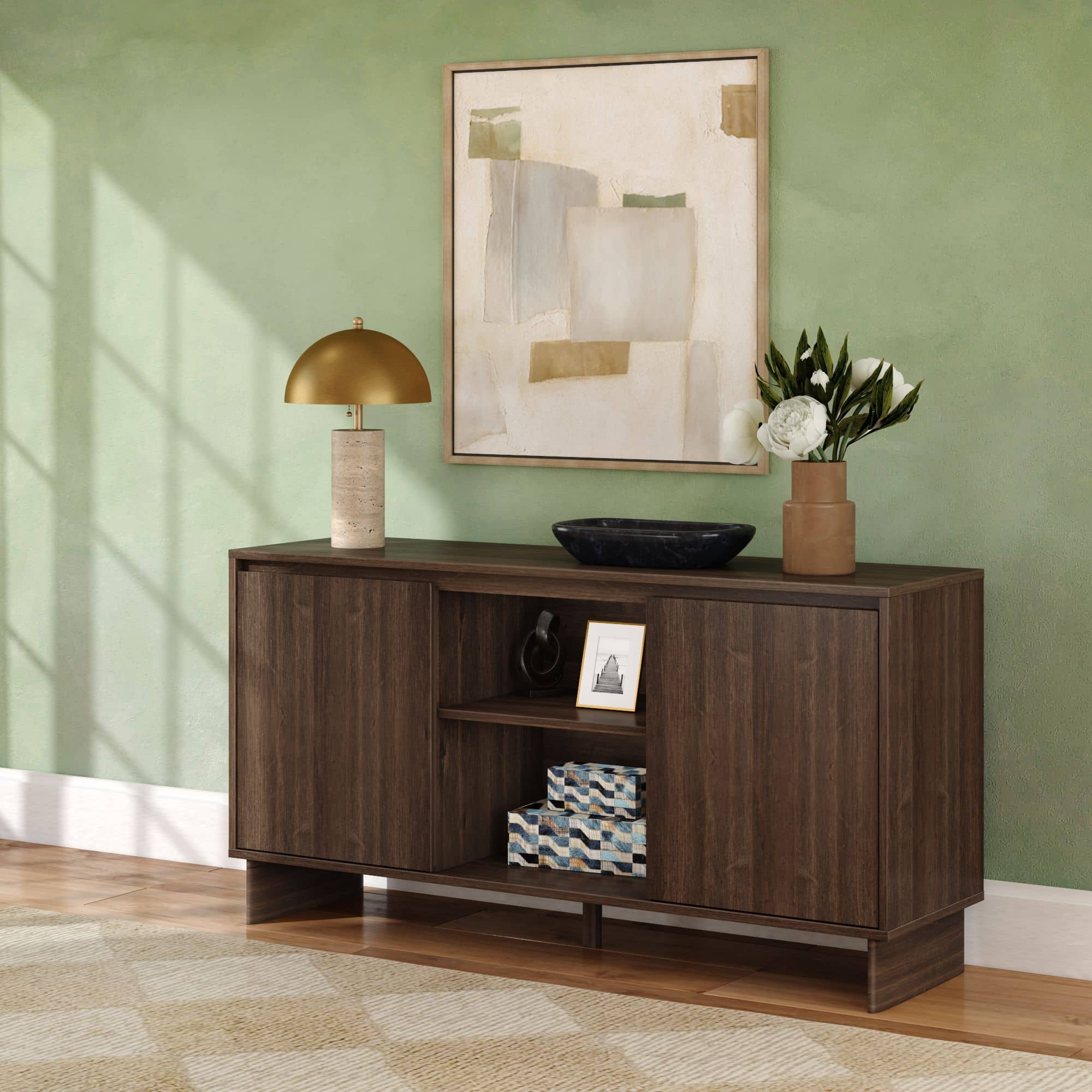 Plank+Beam - Modern TV Stand/Sideboard, 2 Door w/ Middle Shelf (1499 x 406 x 762mm / 59 x 16 x 30in) - Walnut