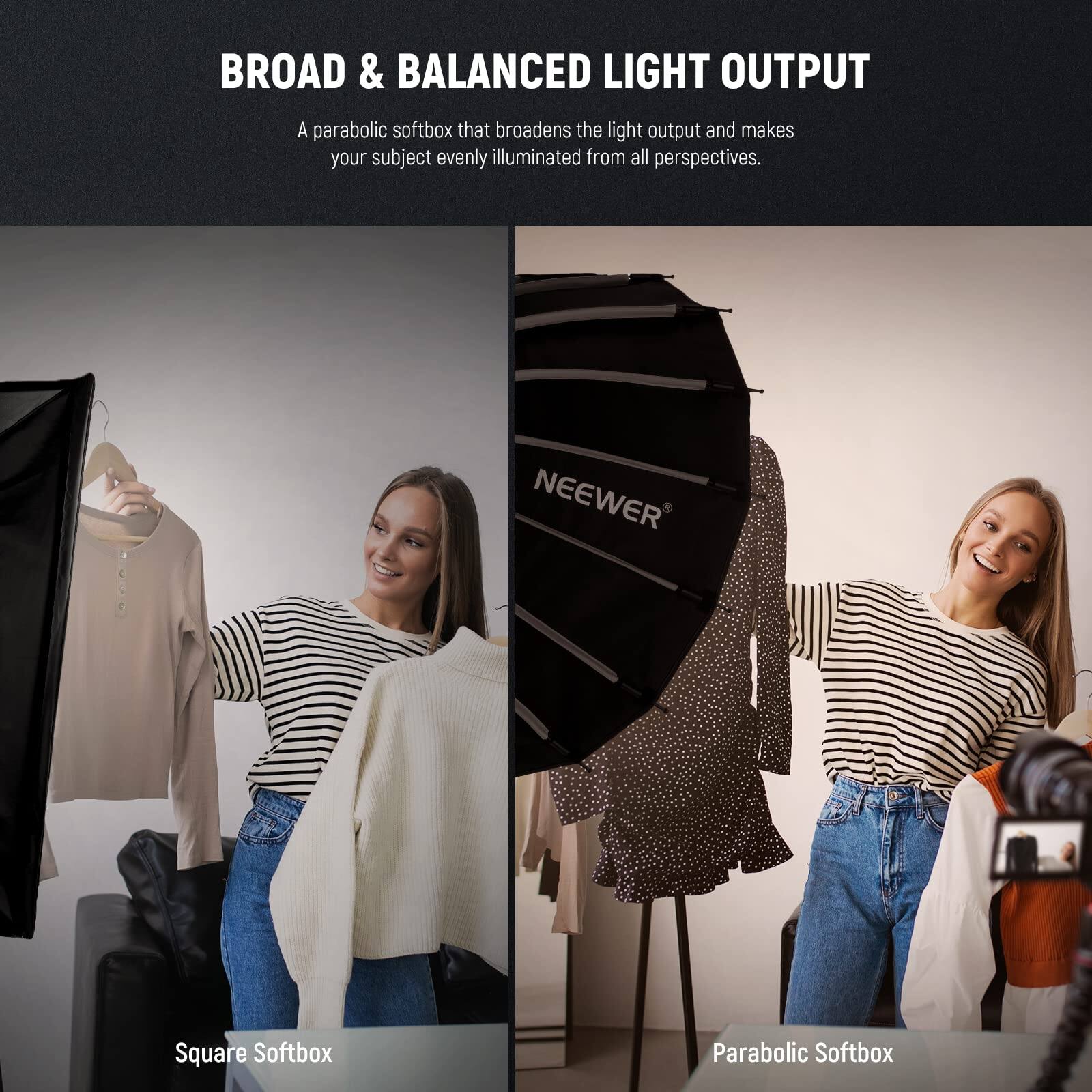 BROAD & BALANCED LIGHT OUTPUT

A parabolic softbox that broadens the light output and makes your subject evenly illuminated from all perspectives.

NEEWER Square Softbox Parabolic Softbox