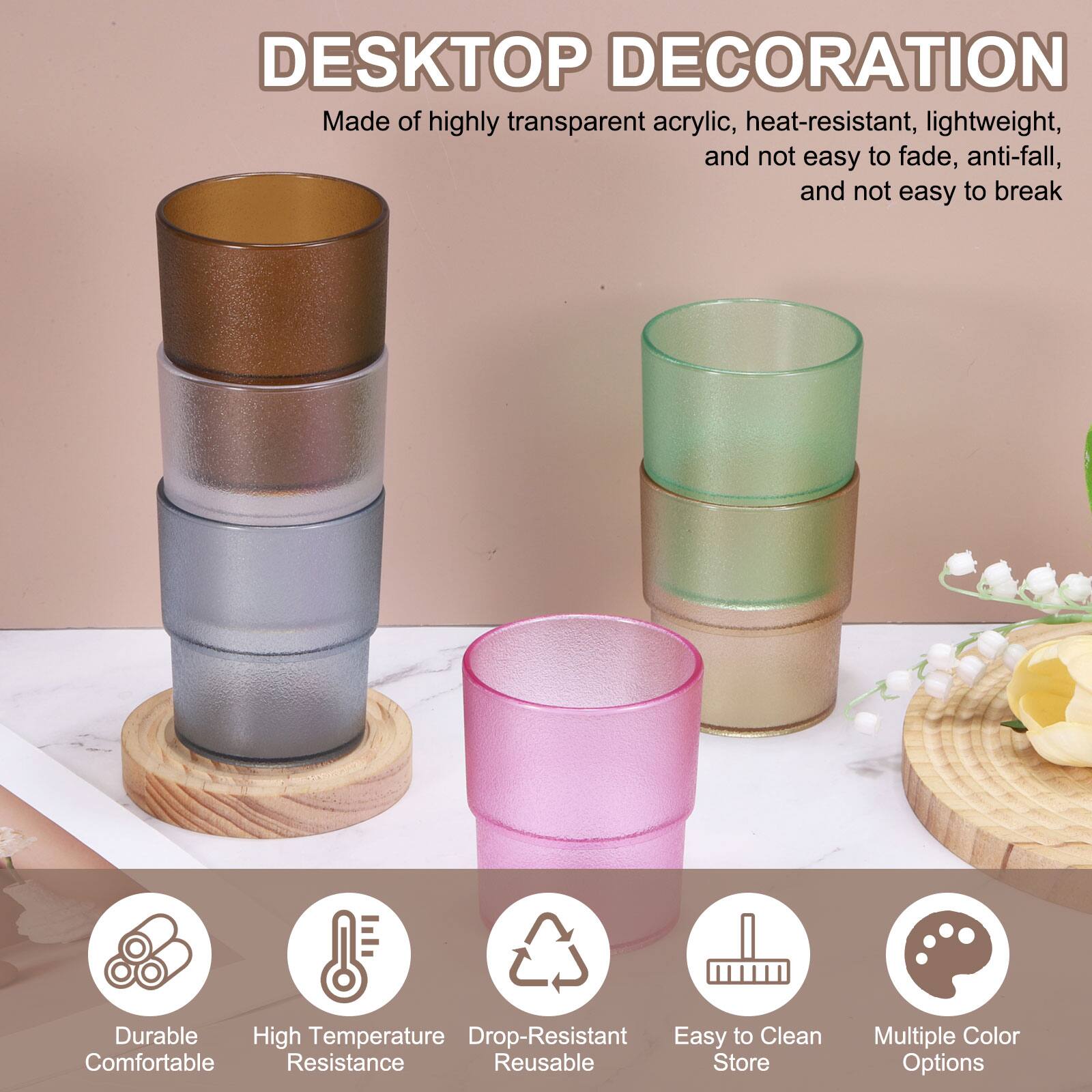 DESKTOP DECORATION  
Made of highly transparent acrylic, heat-resistant, lightweight, and not easy to fade, anti-fall, and not easy to break  

Durable  
High Temperature Resistance  
Drop-Resistant  
Reusable  
Easy to Clean  
Multiple Color Options