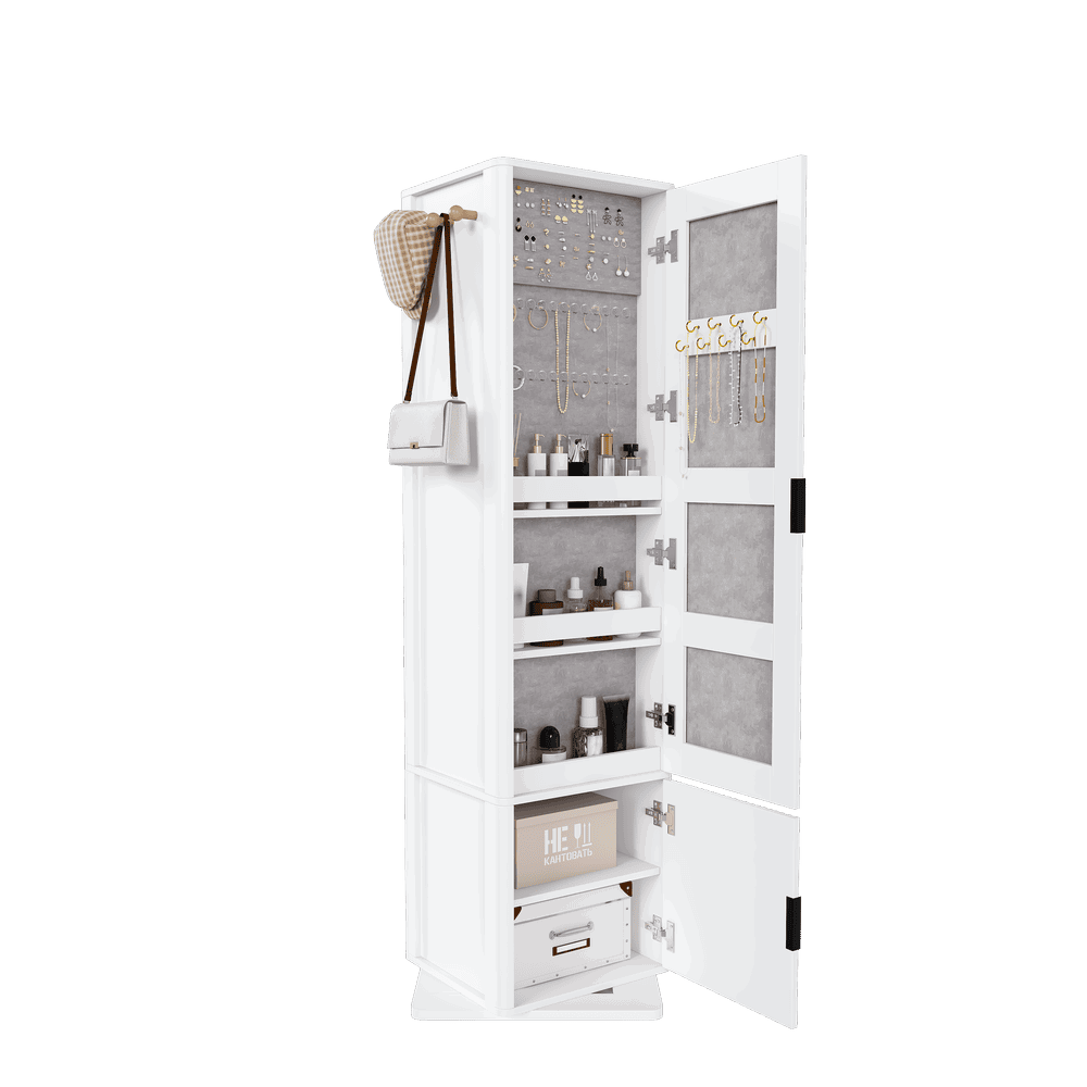 Alt View 1. Kadyn - 360° Rotating Makeup & Jewelry Cabinet, Full Length Mirror Cabinet with Coat Rack, 4 Open & 2 Built-In Shelves, White.
