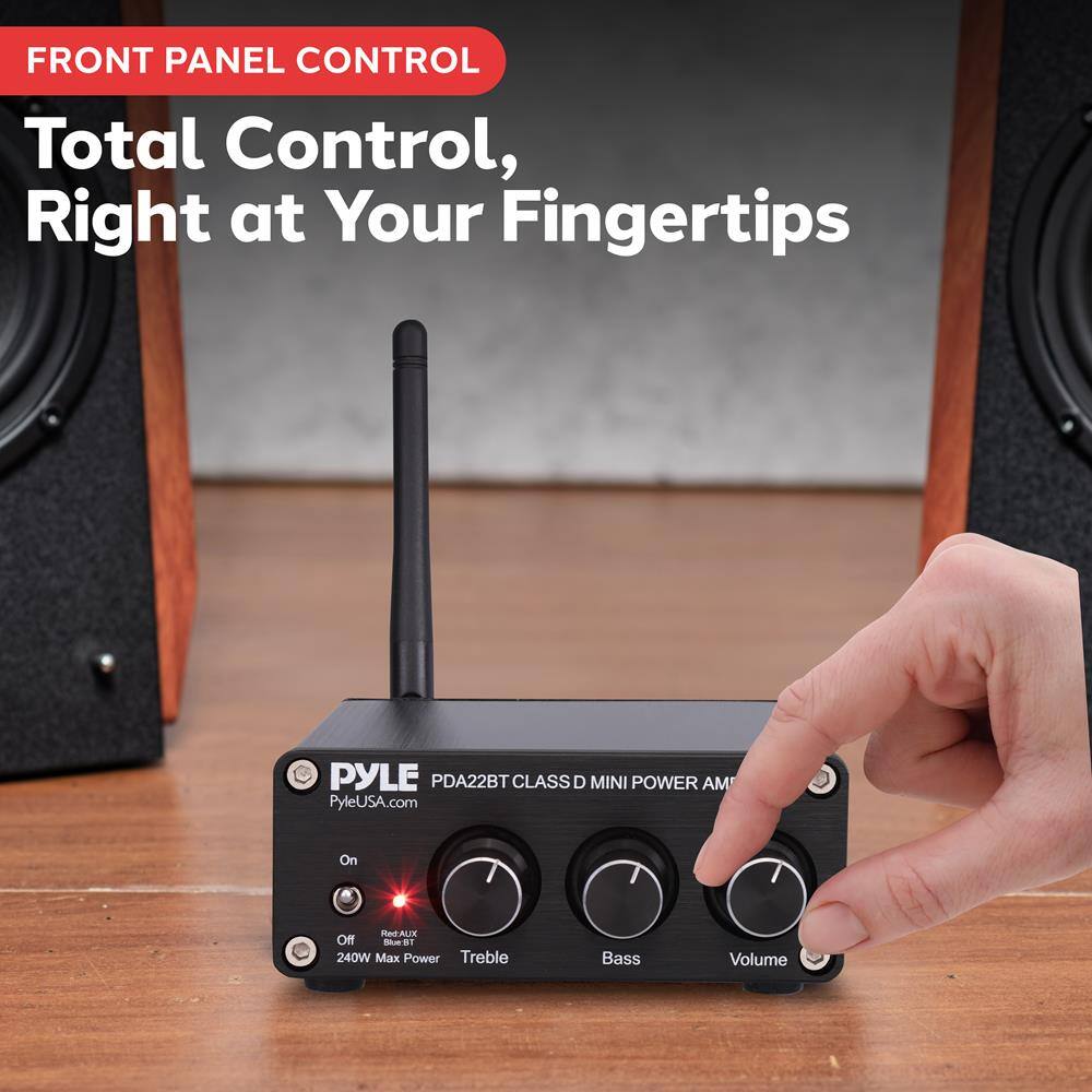 FRONT PANEL CONTROL  
Total Control, Right at Your Fingertips  

PYLE PDA22BT CLASS D MINI POWER AMPLIFIER  
PyleUSA.com  

On  
Off  
Red AUX  
Blue BT  
240W Max Power  
Treble  
Bass  
Volume