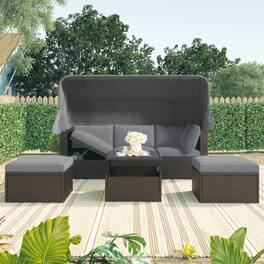 Siljoy - Outdoor Patio Rectangular Daybed w/Retractable Canopy, Wicker Sectional Seating with Washable Cushions - Gray