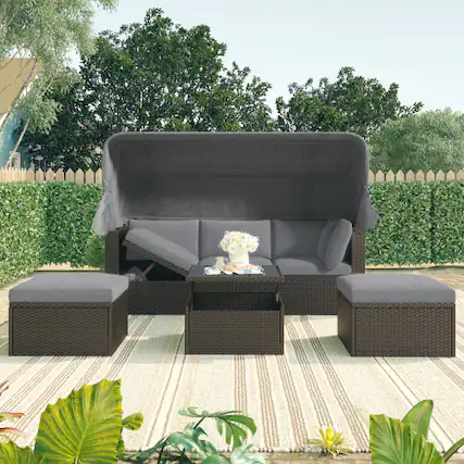 Front. Siljoy - Outdoor Patio Rectangular Daybed w/Retractable Canopy, Wicker Sectional Seating with Washable Cushions - Gray.