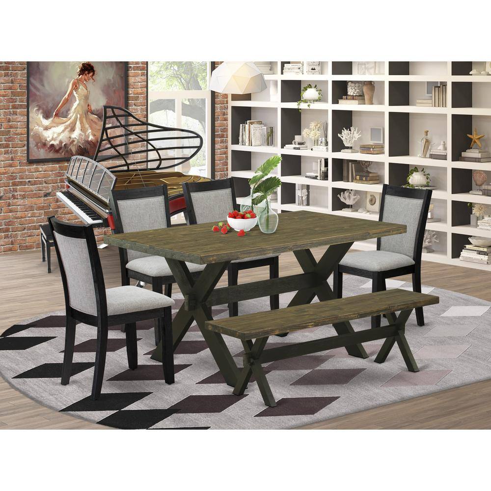 Alt View 3. East West Furniture - X676MZ606-6 6 Pc Dining Room Table Set - Distressed Jacobean Table with a Bench and 4 Shitake Chairs - Wire Brushed - Multi-Color.