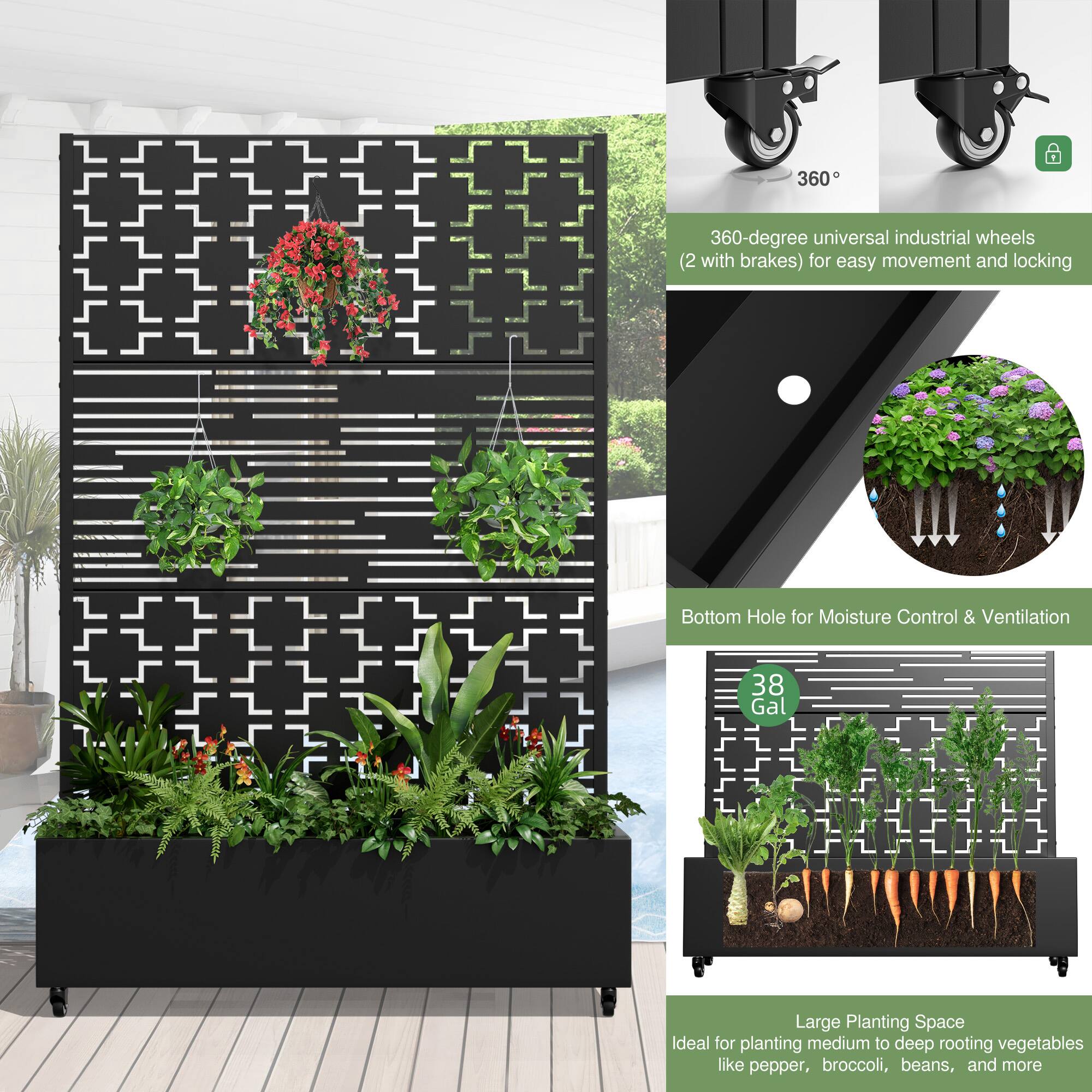 360-degree universal industrial wheels (2 with brakes) for easy movement and locking

Bottom Hole for Moisture Control & Ventilation

38 Gal

Large Planting Space
Ideal for planting medium to deep rooting vegetables like pepper, broccoli, beans, and more