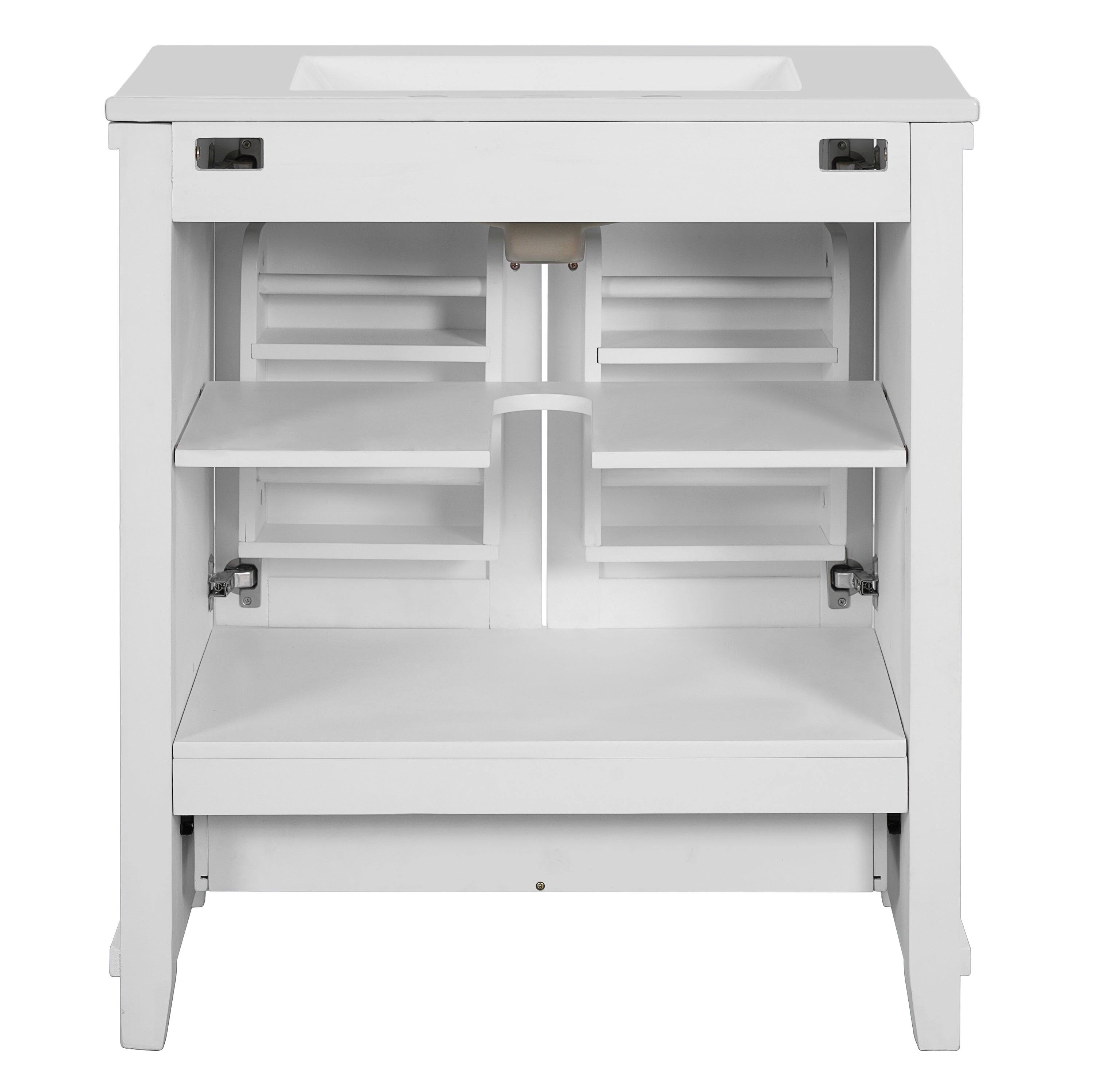 Left. Boyel Living - 30 Inch Bathroom Vanity with Ceramic Sink Solid Wood Frame MDF 2 Soft Close Doors 1 Drawer Dual Storage Shelves - White.