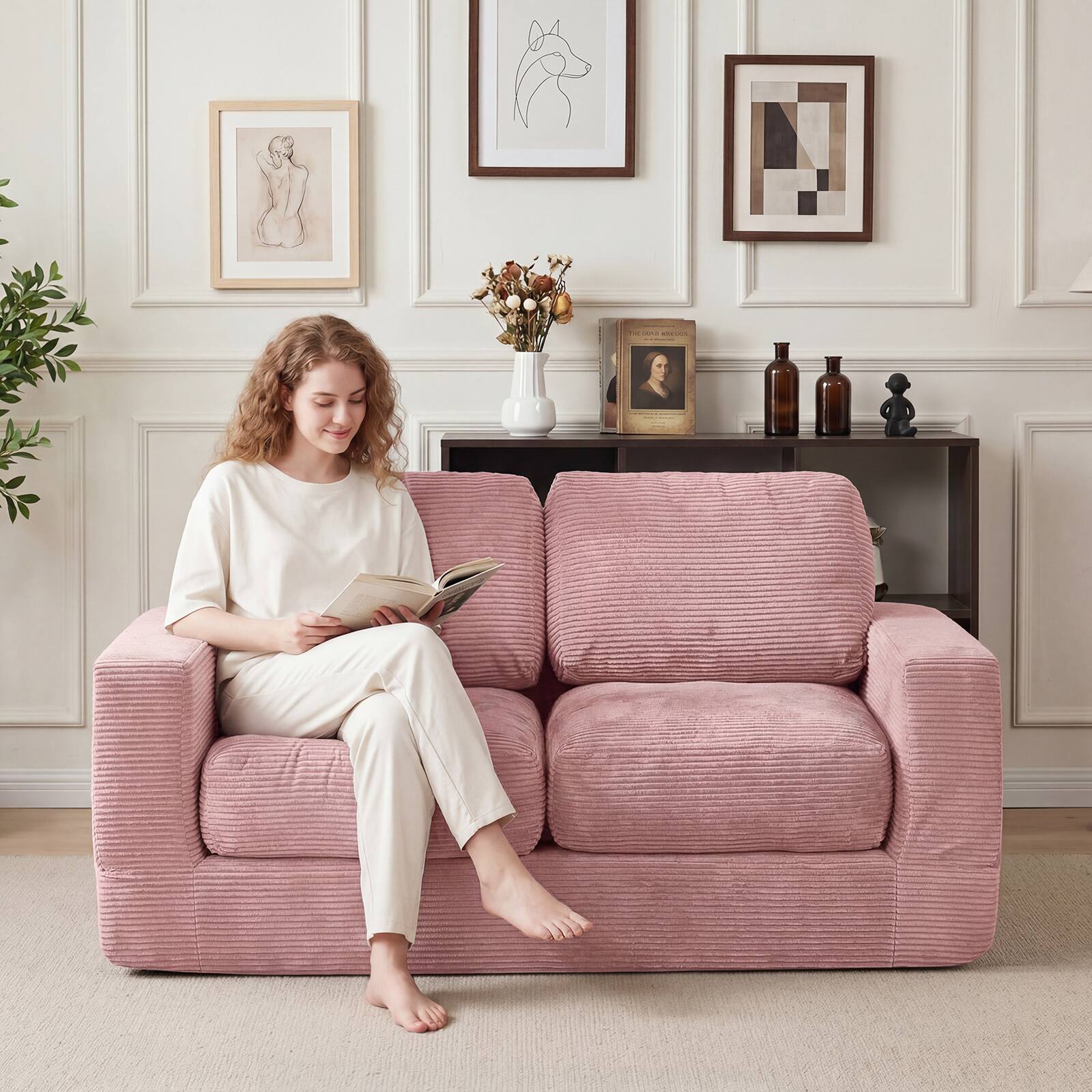 Alt View 4. Costway - Costway Floor Couch, Loveseat Foam Sofa with Removable Corduroy Cover, Back & Seat Cushions - Pink.