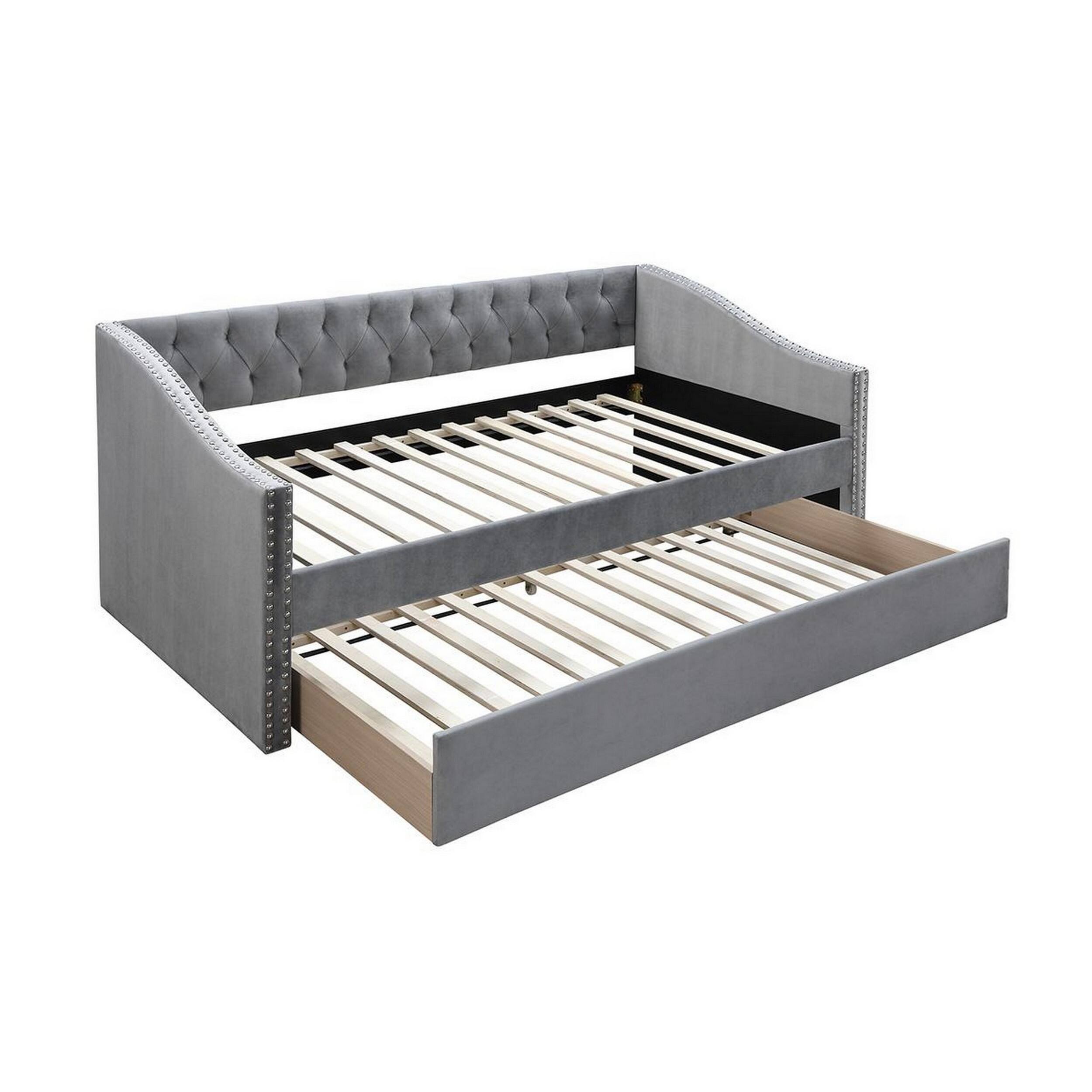Manhattan Lane - Ann Modern Wood Day Bed with Trundle, Straight Tufted Back, Burlap - Gray
