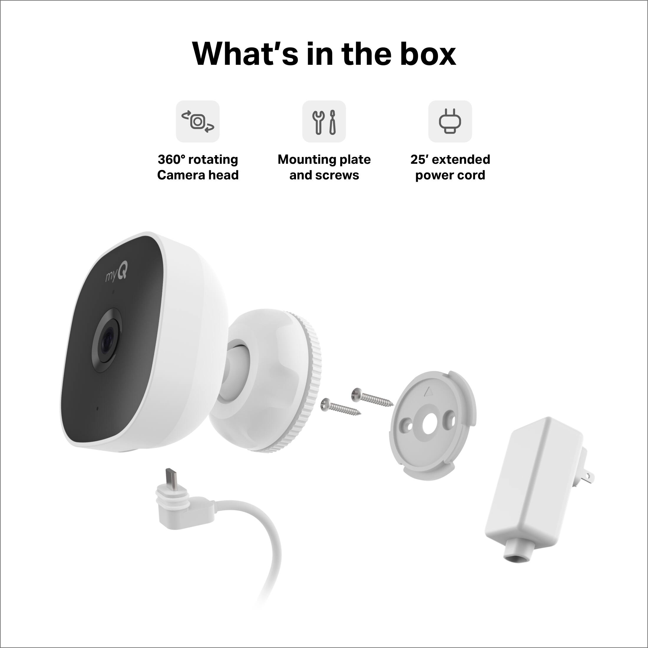 What's in the box: 360 rotating camera head, mounting plate, and screws. 25' extended power cord.