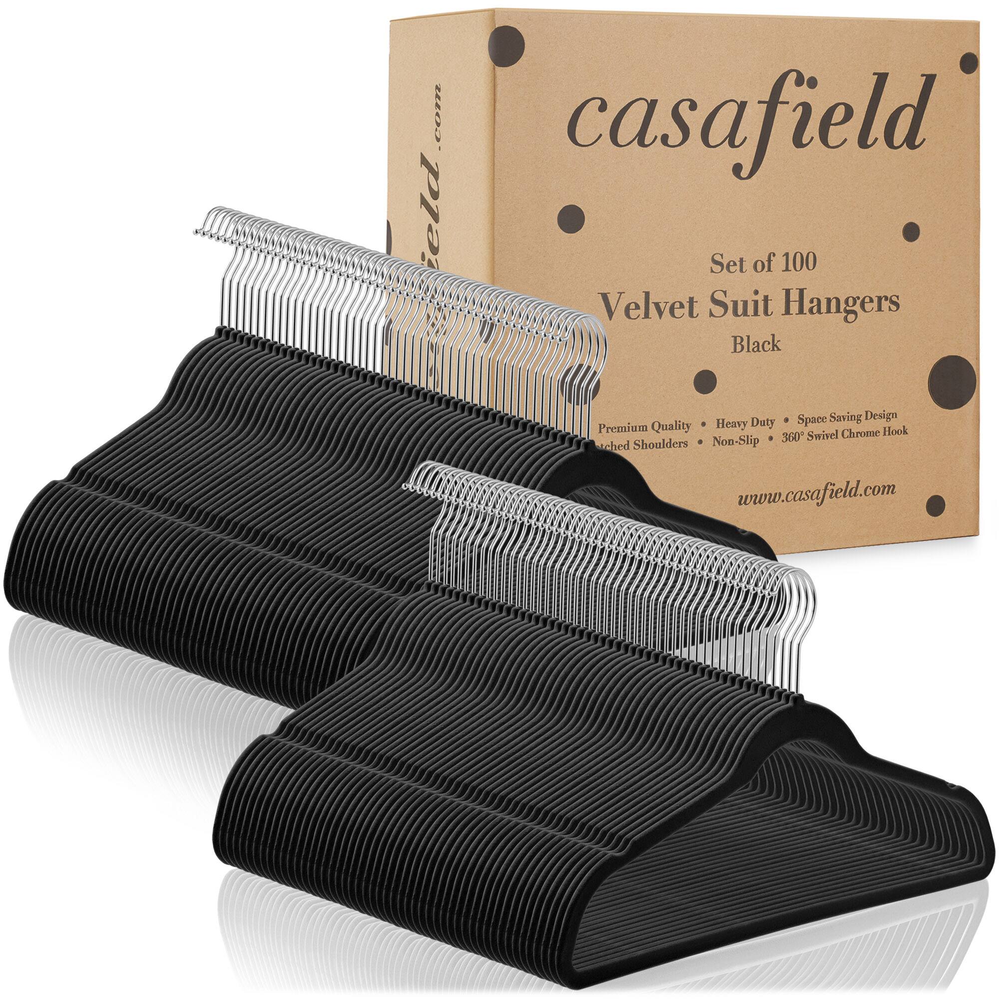 casafield  
Set of 100 Velvet Suit Hangers Black  
Premium Quality • Heavy Duty • Space Saving Design  
Padded Shoulders • Non-Slip • 360° Swivel Chrome Hook  
www.casafield.com