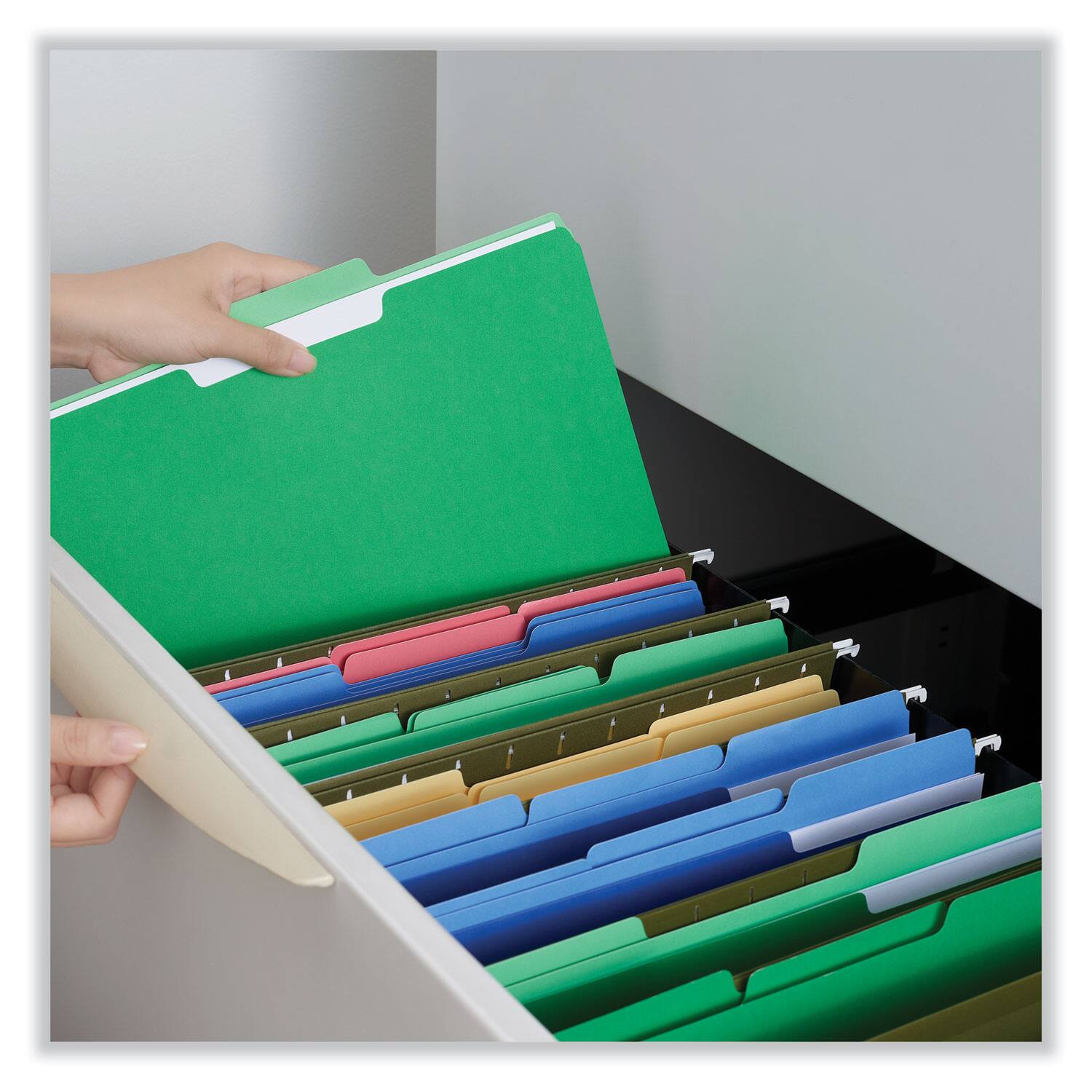 Left. Universal - Deluxe Colored Top Tab File Folders, 1/3-Cut Tabs: Assorted, Letter Size, Green/Light Green, 100/Box.