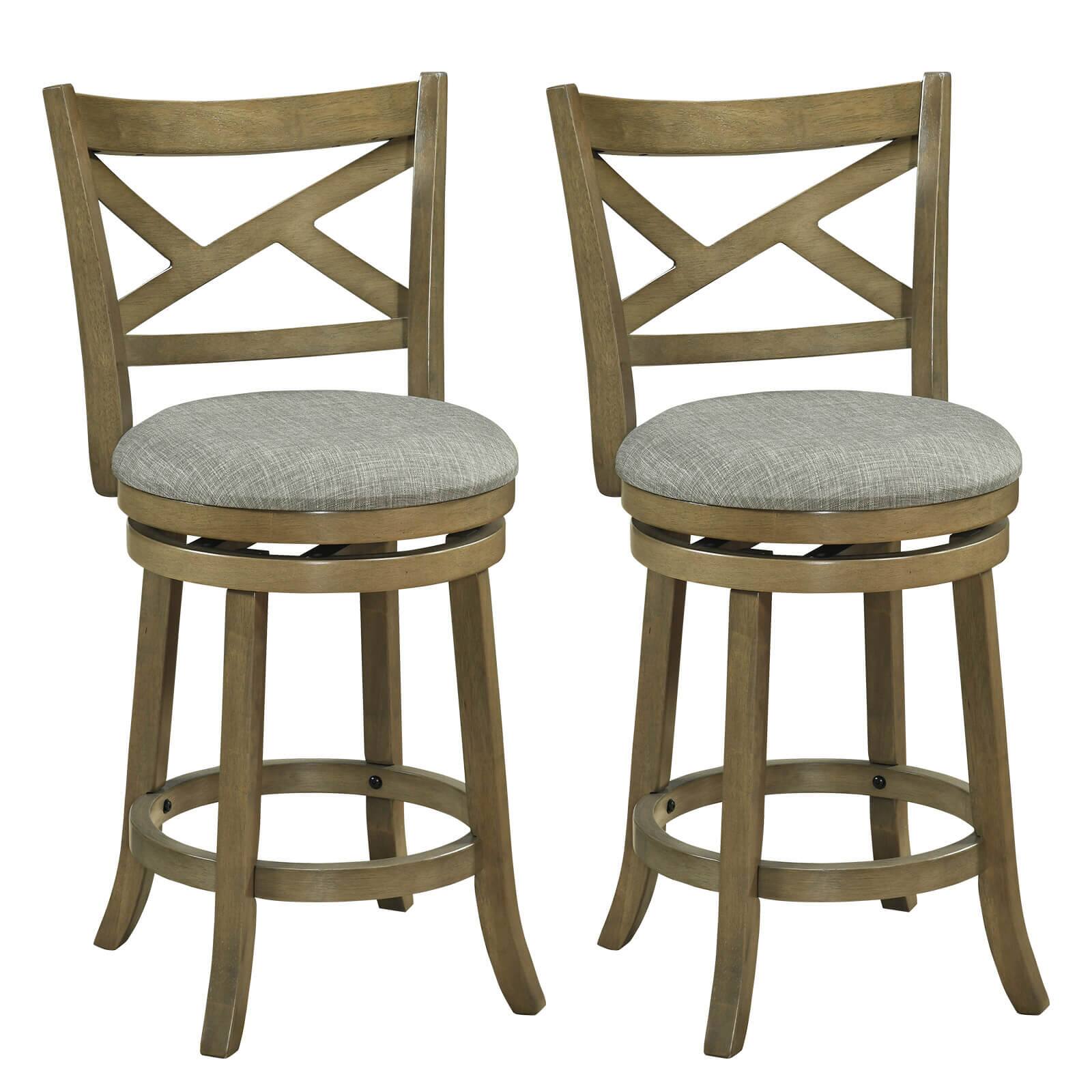Costway - Swivel Bar Stools Set of 2 Counter Height Chairs with Hollow Back Soft-padded Seat - Gray