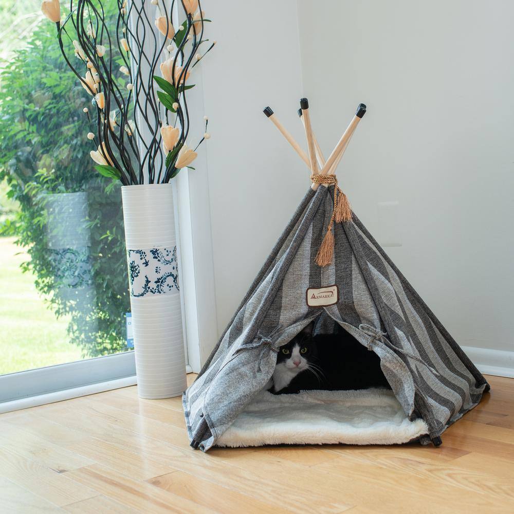 Alt View 1. Armarkat - Cat Bed Teepee Style With Striped Pattern - Gray.