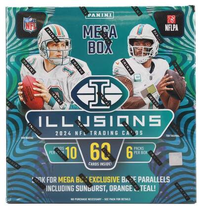 MINI PANINI NFL NFLPA PANINI MEGA BOX PANINI ILLUSIONS 2024 NFL TRADING CARDS 10 CARDS PER PACK 60 CARDS INSIDE! 6 PACKS PER BOX LOOK FOR MEGA BOX EXCLUSIVE BASE PARALLELS INCLUDING SUNBURST, ORANGE, TEAL! NO PURCHASE NECESSARY - SEE PACK FOR DETAILS
