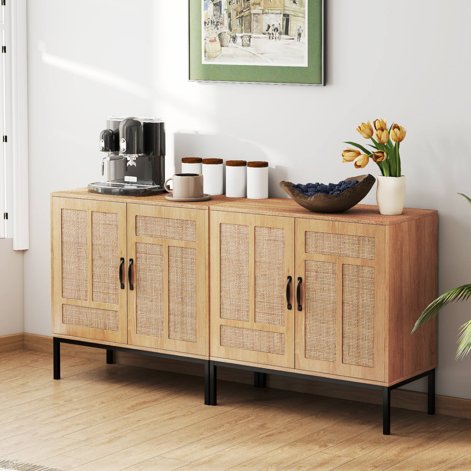 Alt View 8. Gymax - Gymax Rattan Storage Cabinet w/ 2-Door Buffet Sideboard & 3-Position Adjustable Shelf - Natural.
