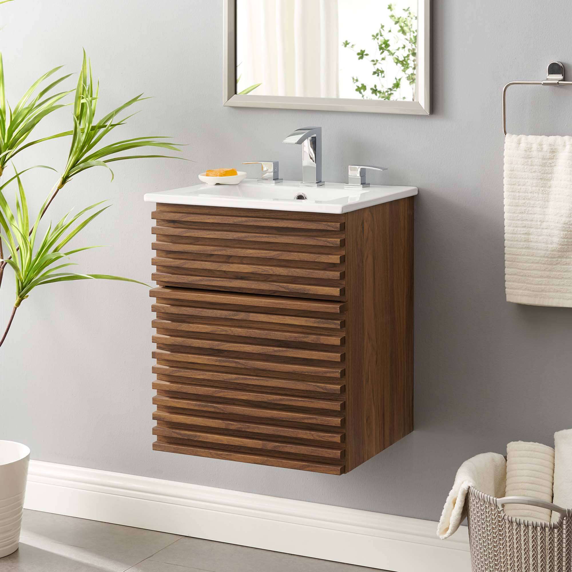 Modway - Render Wall-Mount Bathroom Vanity with White Basin Included - Walnut White