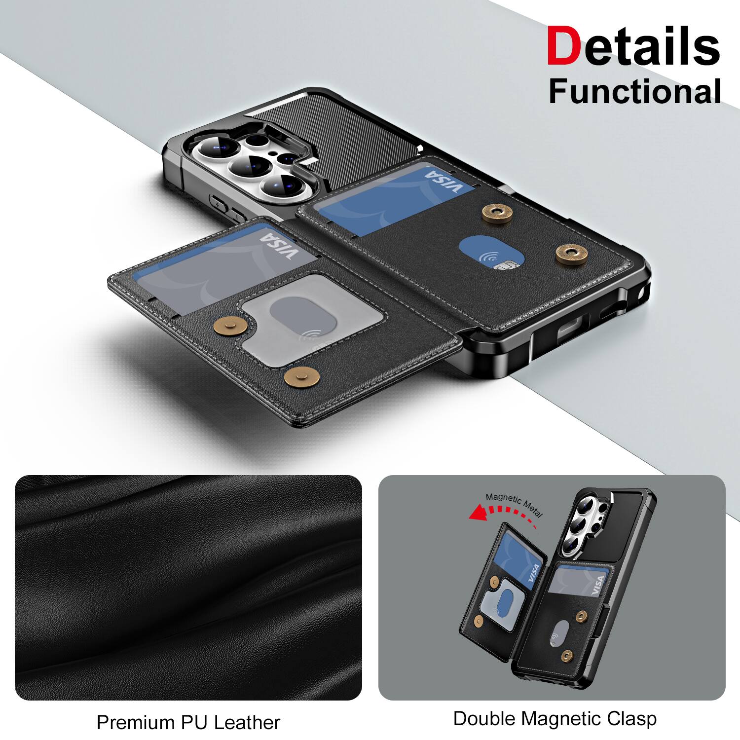 Details  
Functional  

Premium PU Leather  

Double Magnetic Clasp  

Magnetic Metal