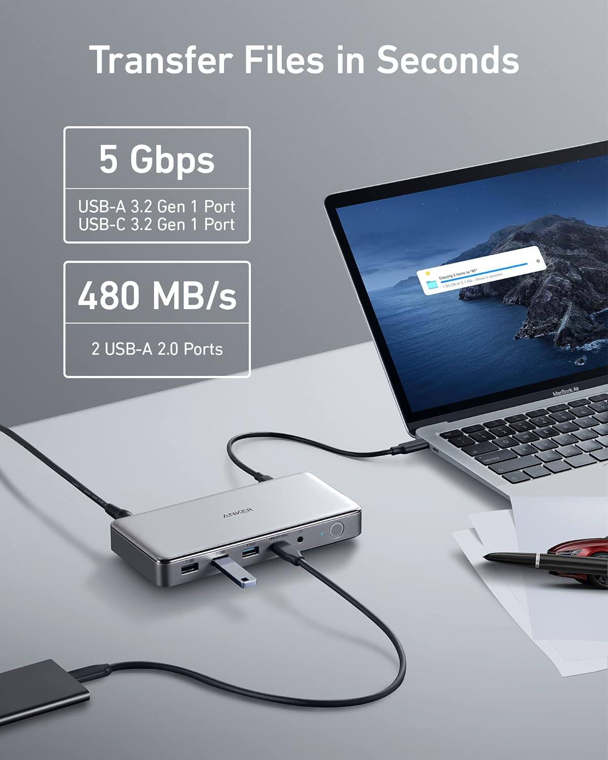 Transfer Files in Seconds

5 Gbps  
USB-A 3.2 Gen 1 Port  
USB-C 3.2 Gen 1 Port  

480 MB/s  
2 USB-A 2.0 Ports